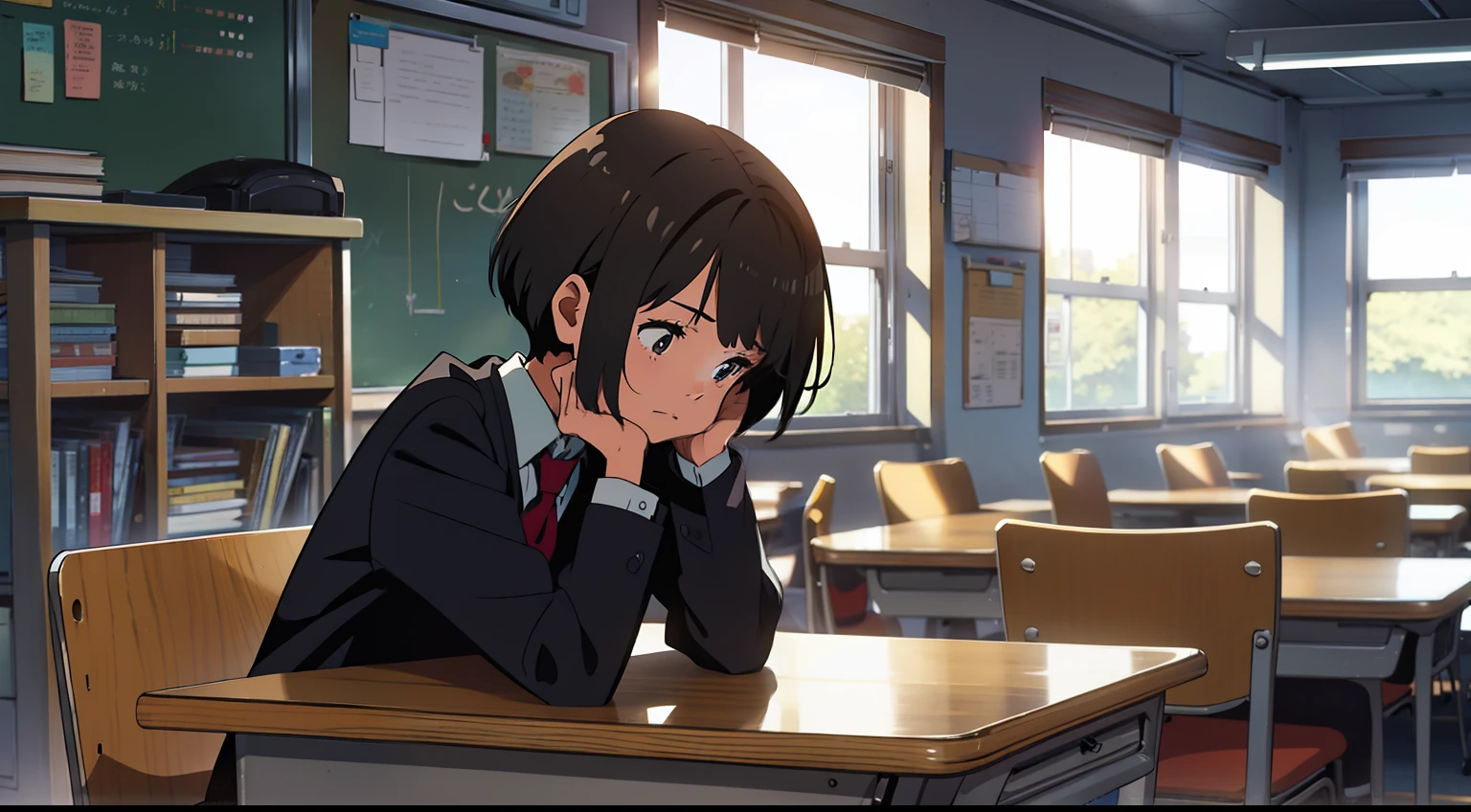 high school classroom，A cute girl with short hair，Sit at a desk，A stack of books on the table，The expression is depressed