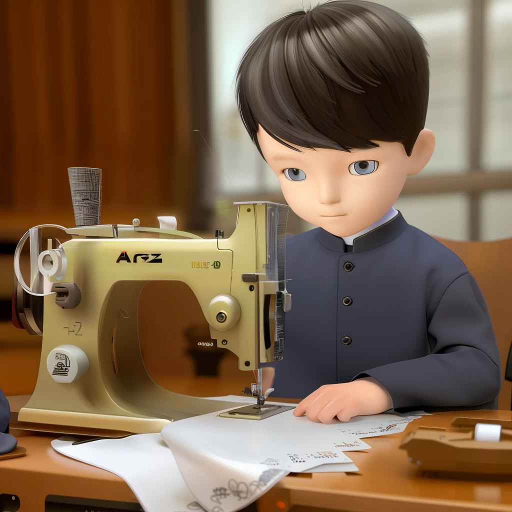 A boy in a blazer sits in front of a sewing machine sewing,Black color hair,high detal，3D style