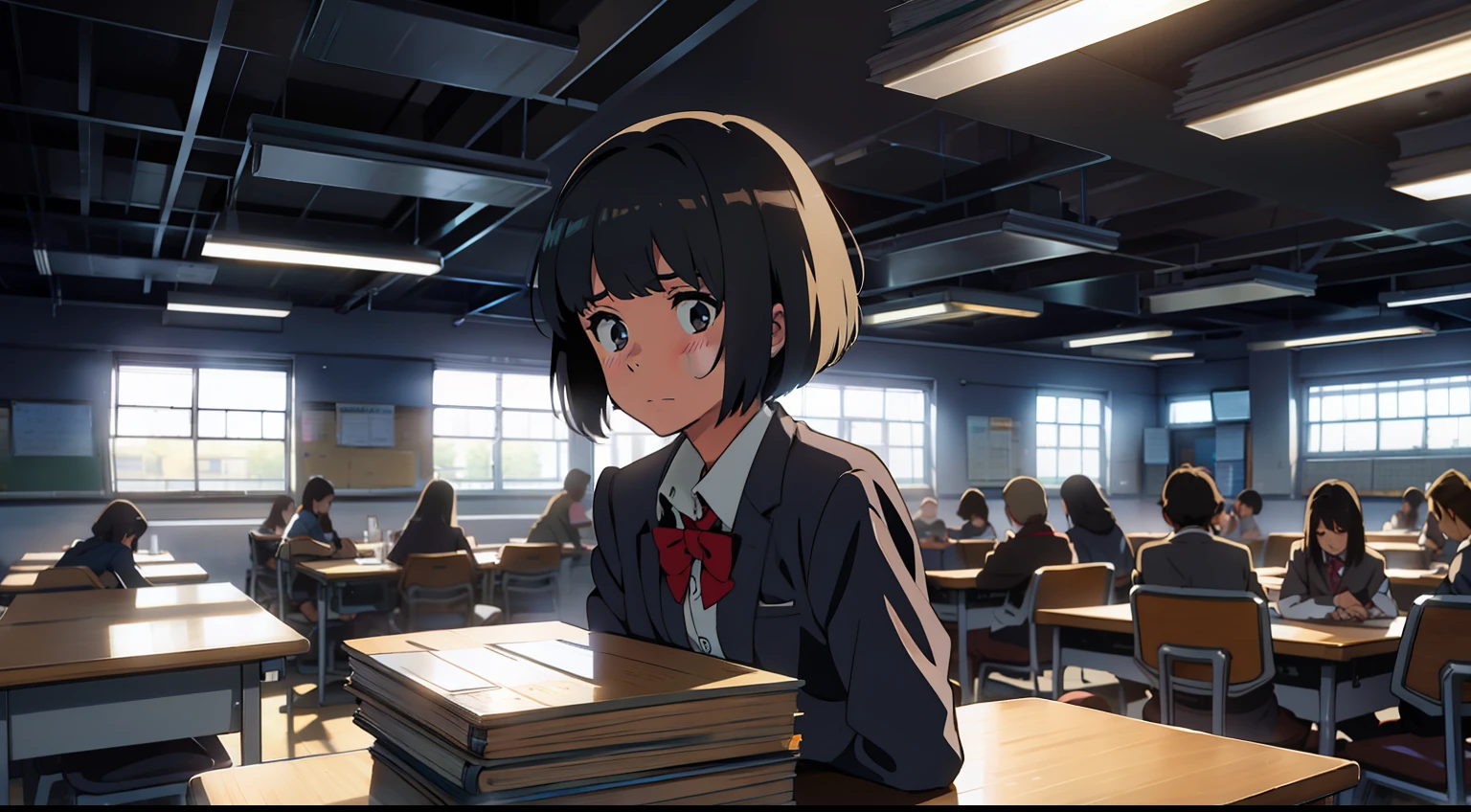 high school classroom，A cute girl with short hair，Sit at a desk，A stack of books on the table，The expression is depressed