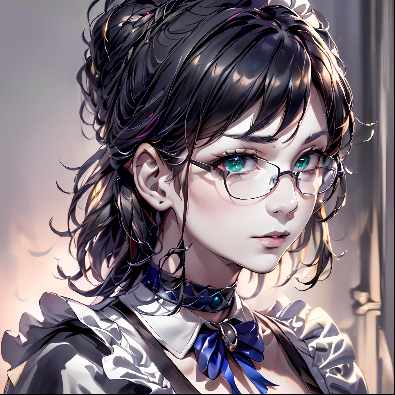 (64k, RAW photo, highres, best quality, masterpiece:2.0), (ultra-fine depiction of the detail:2.0), (realistic, beautiful, photo-realistic:1.3), 1girl, (yuri alpha), (long black hair, slightly messy), (diagonal bangs), (single braid bun, double bun), (shiny black hair, blue-gray eyes),(cool glasses), (gothic style vivid blue choker), (blue bowtie and ribbon) (simple but high-quality maid dress), (elaborately designed, vivid dark emerald green, spiked gantlets), (solemn maid dress with gothic style coreset), (huge breasts, sexy cleavage), (elegant and handsome woman), (shiny skin, pink lips), (looking at the viewer), (closed mouth, a faint smile), (in a study room, filled with solemn atmosphere), (highly sophisticated professional HDR, with effective ambient occlusion, perfectly optimized effective spot light and front light:1.8), (perfect, natural, harmonious composition), (photo-realistic, ultra-detailed:1.5), ((portrait:1.6))