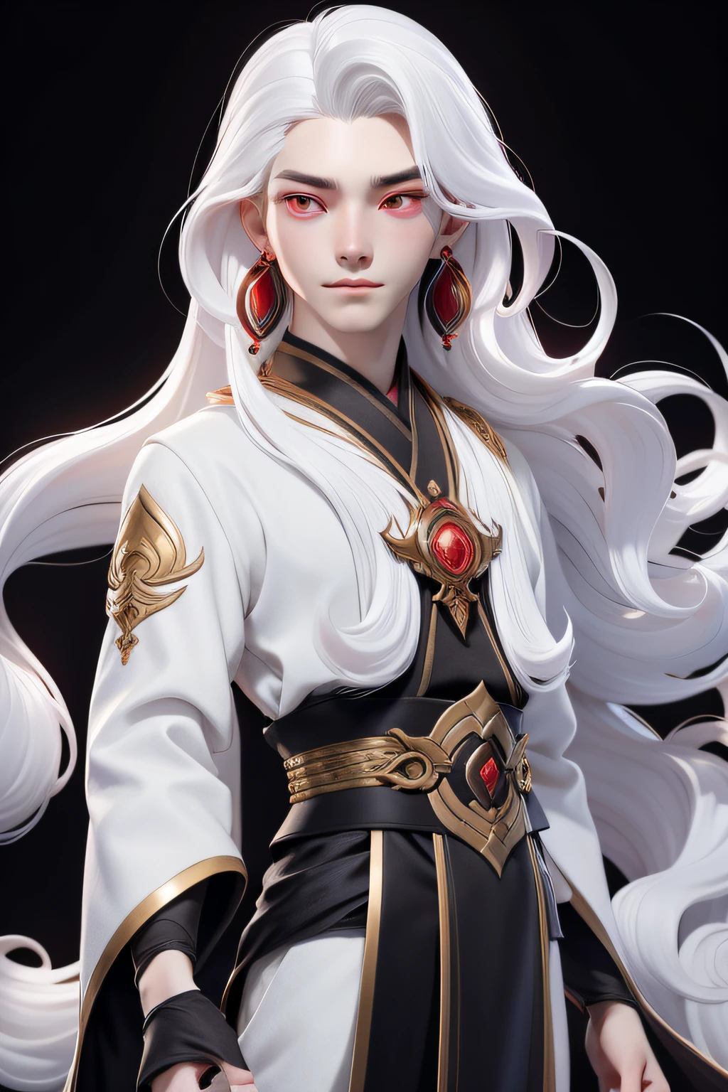 masterpiece, best quality, 1 boy, red eyes, pale skin, white hair, wavy hair, long hair, gold earrings, black japanese clothes, simple background, solo, upper body