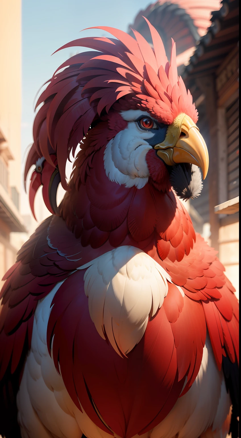 A mighty big rooster,There is a bright red chicken comb on the head,The body is colored feathers,Close-up Shot Shot,Background bokeh,k hd,8K,Dynamic chasing light,Sharpening