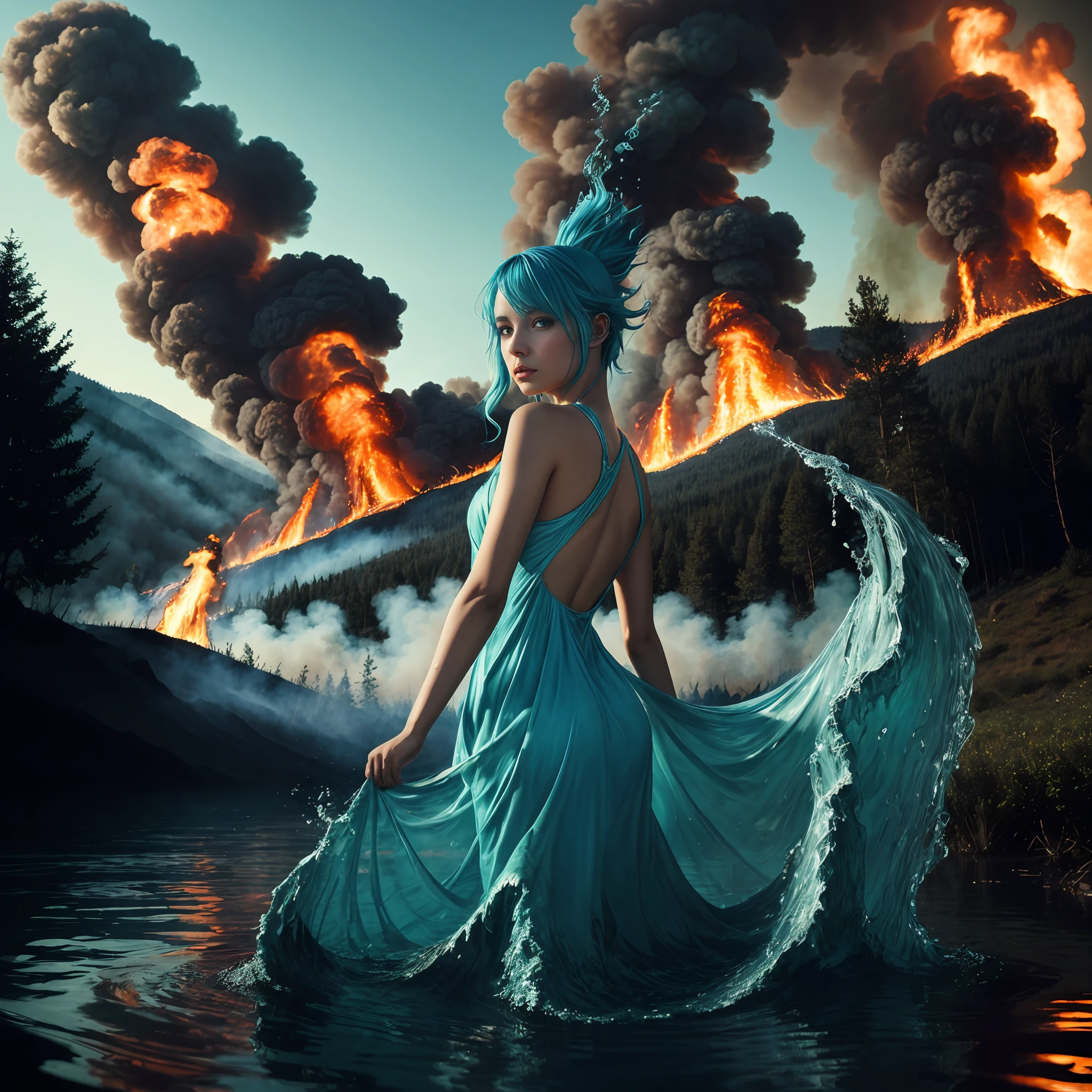 Undine, water spirit african cute girl is standing in the water with a dress, emerging from blue fire, liquid clothes, blue hair, on background forest fire, trees in flames!!, background on fire, analog style RAW photography of Undine, realistic, ultra-wide angle, depth of field, epic, wallpaper, detailed, intrincate, 8k hdr, golden ratio, asymmetry, masterpiece, best quality