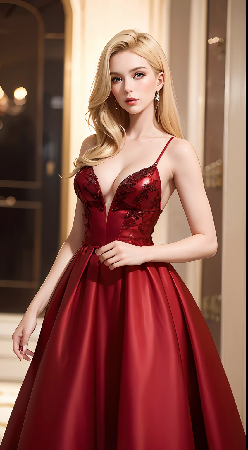 European and American women, A fashion model, Wear a red evening gown, Glamour, paparazzi taking pictures of her, Blonde hair, Brown eyes, 8K, High quality, Masterpiece, Best quality, HD, Extremely detailed, voluminetric lighting, Photorealistic
