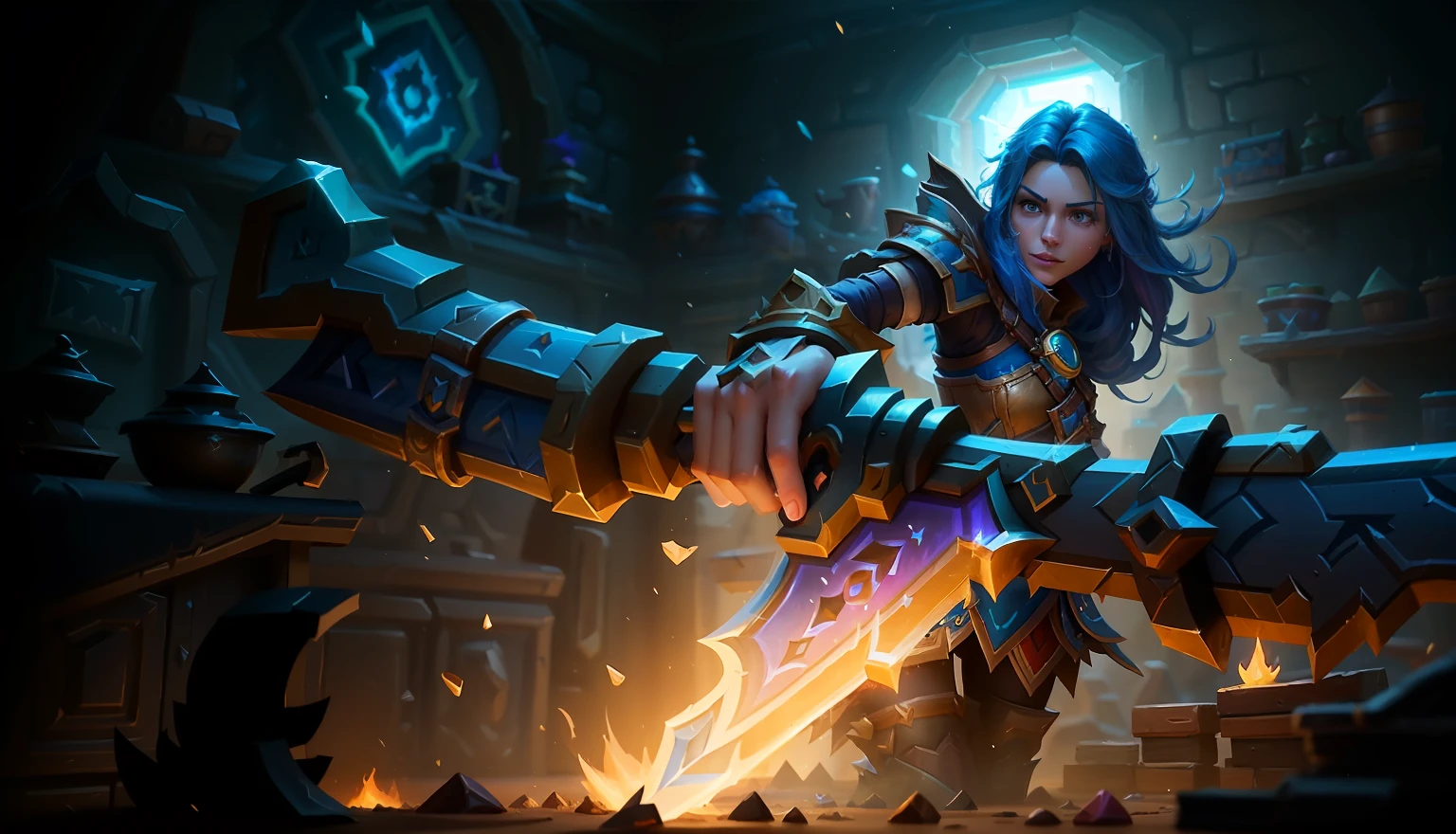 a close up of a person holding a sword in a dark room, hearthstone card art, hearthstone card game artwork. ”, hearthstone weapon art, hearthstone card artwork, blizzard hearthstone concept art, warcraft blizzard weapon art, taliyah, hearthstone splash art, iconic character splash art, splash art, zenra taliyah, hearthstone official splash art, hearthstone art, character splash art