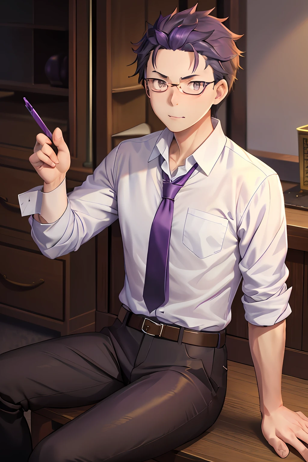 (1 Adult male),A high resolution, Sharp focus, Pixiv masterpiece, ((Complicated details)), highly detailed, natsuki_subaru, 1 man, with her mouth open,full bodyesbian,sit astride, Purple eyes(glowing light eyes), Short thin purple hair,white shirt,Wear a tie,Wear a belt,perspire,look from down