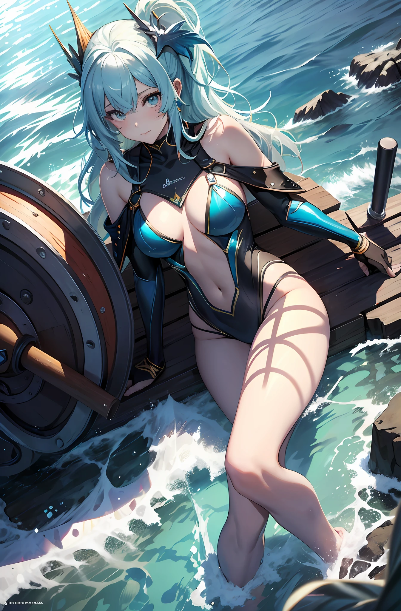 best qualityer,tmasterpiece,Ultimate resolution,downy,Extremely colorful,Colorful,Mermaid princess,cabellos largos dorados,a matural female,blue bikini,The kinky is exposed,The barefoot,the ocean,blue skinsuit,Normal posture