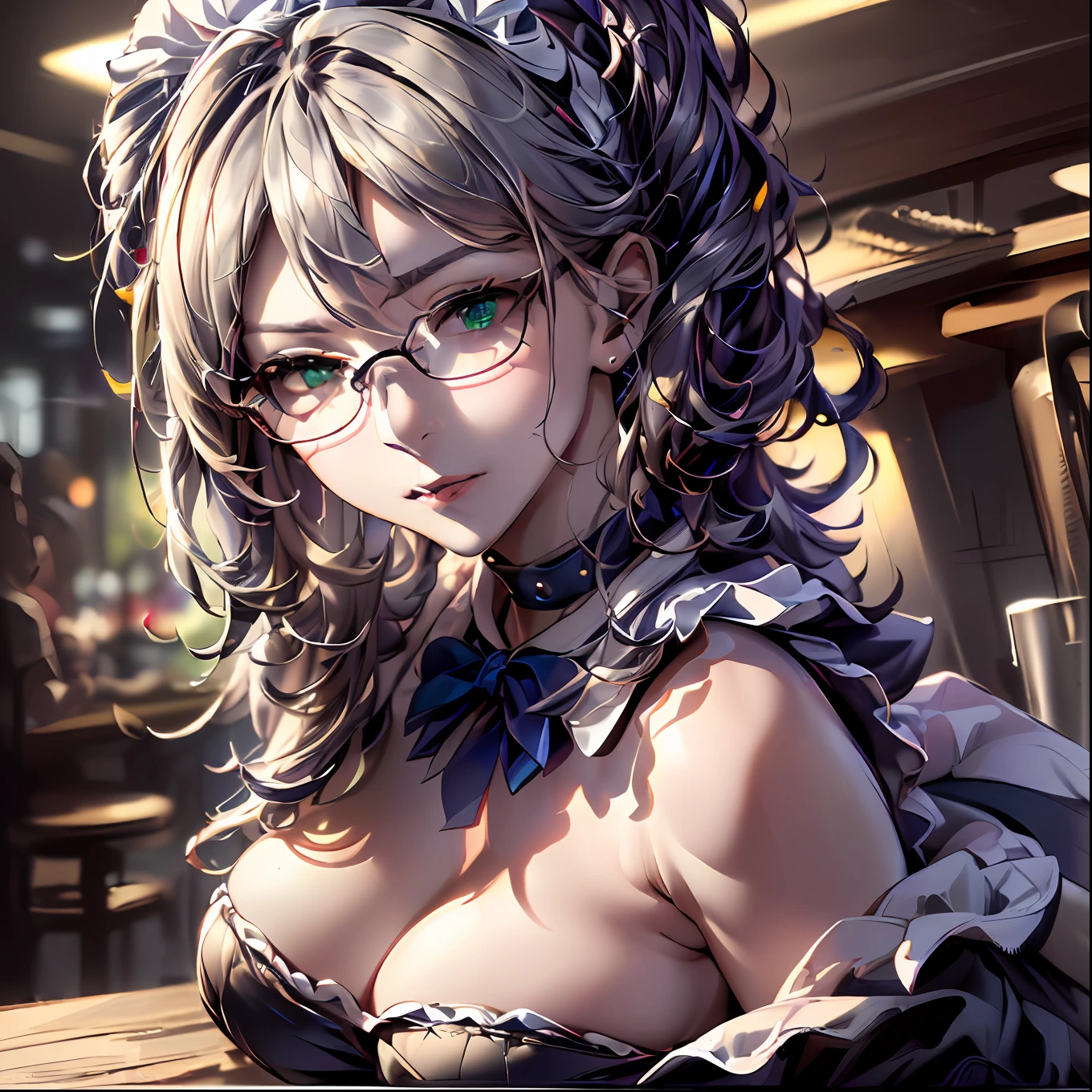 (64k, RAW photo, highres, best quality, masterpiece:2.0), (ultra-fine depiction of the detail:2.0), (realistic, beautiful, photo-realistic:1.3), 1girl, (yuri alpha), (long black hair, slightly messy), (diagonal bangs), (single braid bun, double bun), (shiny black hair, blue-gray eyes),(cool glasses), (gothic style vivid blue choker), (blue bowtie and ribbon) (simple but high-quality maid dress), (elaborately designed, vivid dark emerald green, spiked gantlets), (solemn maid dress with gothic style coreset), (huge breasts, sexy cleavage), (elegant and handsome woman), (shiny skin, pink lips), (looking at the viewer), (closed mouth, a faint smile), (at a quiet bar counter, filled with solemn atmosphere), (highly sophisticated professional HDR, with effective ambient occlusion, perfectly optimized effective spot light and front light:1.8), (perfect, natural, harmonious composition), (photo-realistic, ultra-detailed:1.5), ((portrait:1.6))