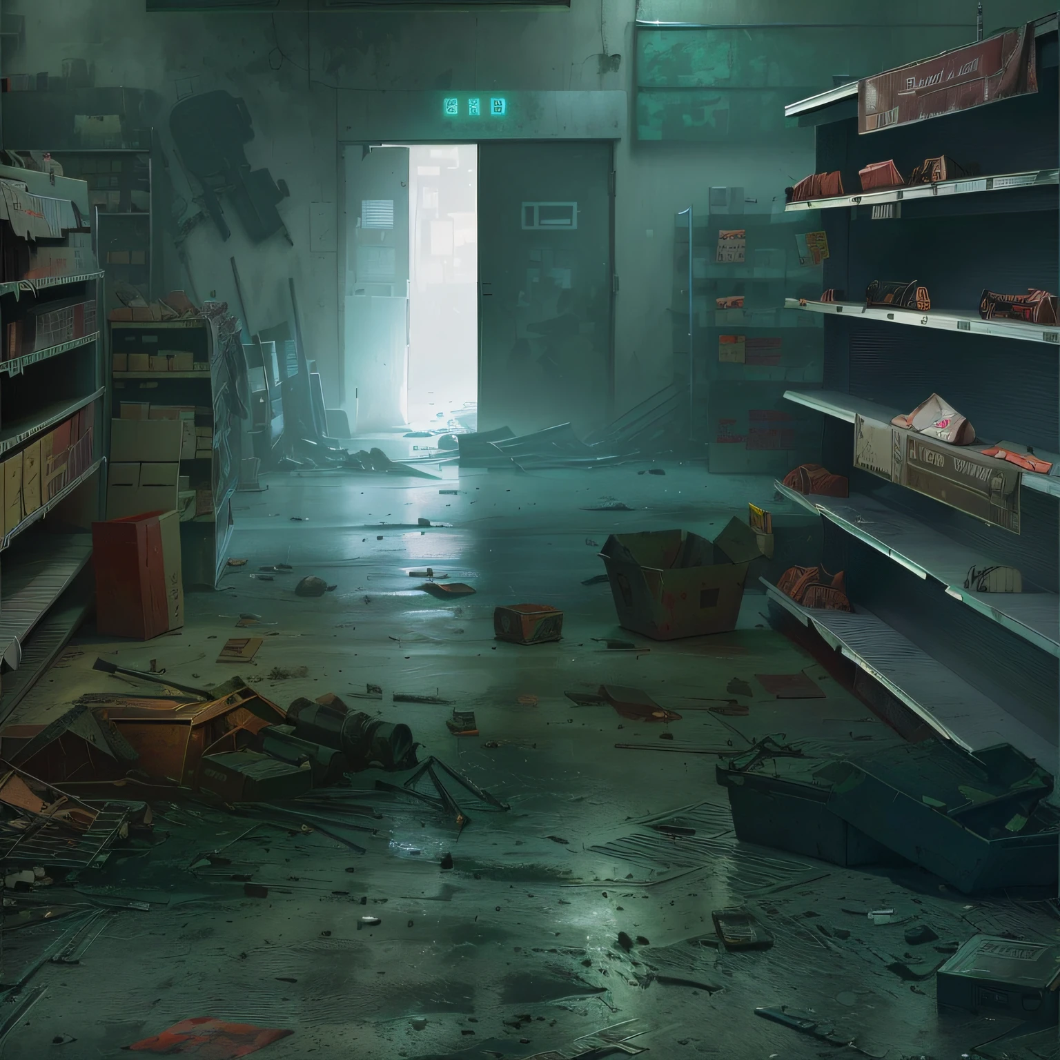 Alafid view of clean empty shop,Two rows of shelves with a small number of items, Correct perspective view,photorealistic dark concept art, eerie nostalgic concept art, Post-apocalyptic shopping mall, Dystopian digital concept art, highly realistic concept art, silent hill concept art, post apocalyptic atmosphere, author:Alexander Jean, clean concept art, Post apocalyptic scenario
