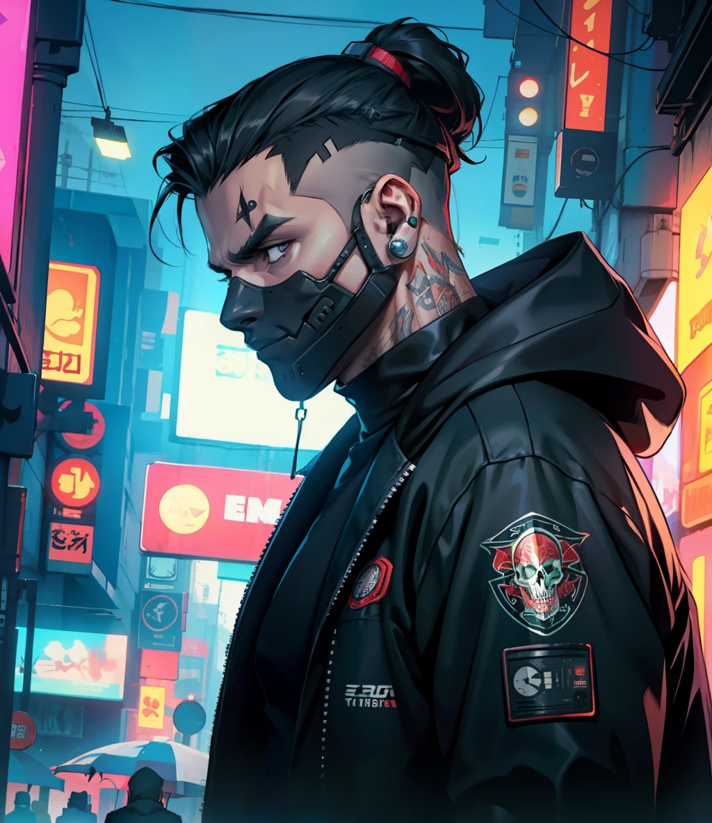 Homem gostosp como o rosto de caveira, roupas cyberpunk