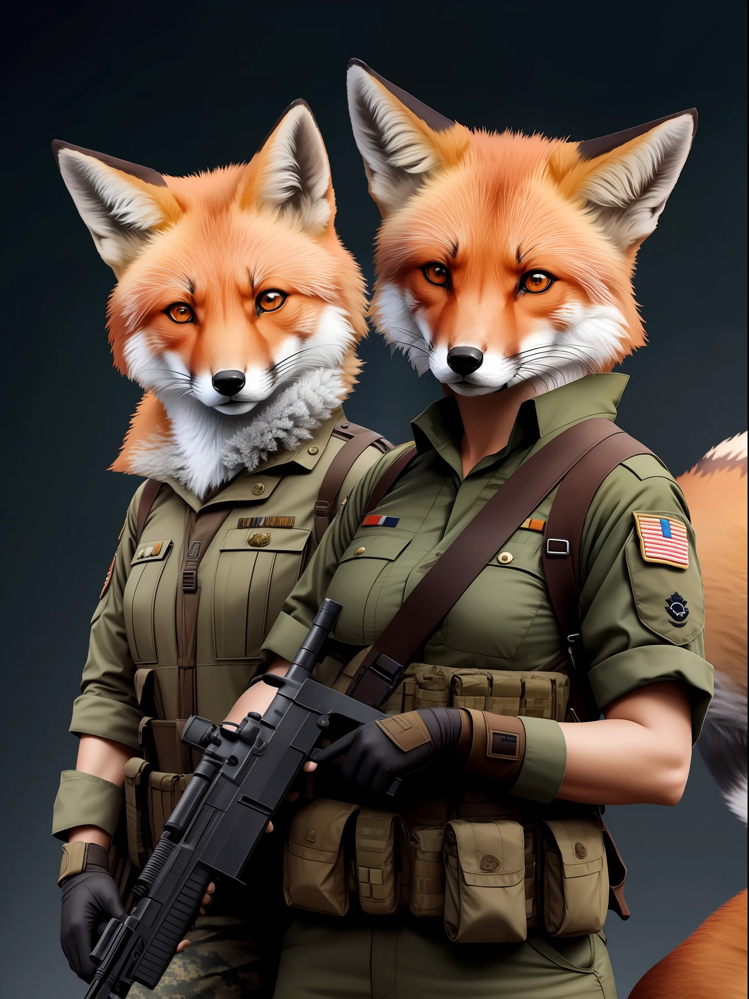 Animal warriors，holding a gun in her hand，in a soldier uniform，red fox