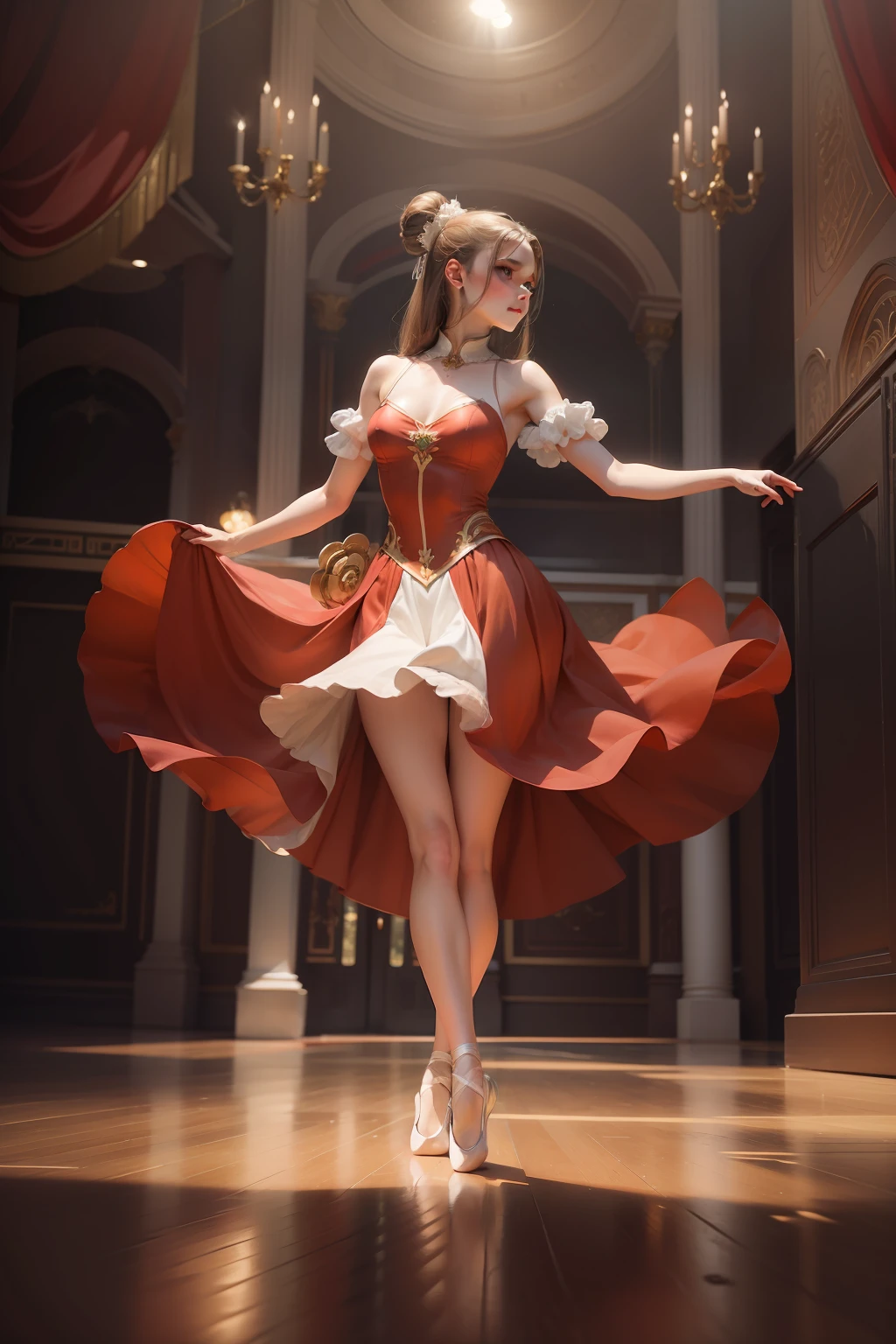 A graceful stunning Russian girl dancing ballet, knees on front facing camera, knees and feet facing forward camera.