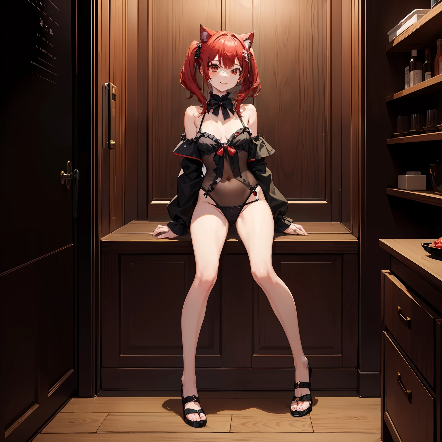 Anime filling,Two-dimensional illustration,Red hair,Half Twin Tail,shorth hair,Big eyes,A smile,a beauty girl,cute little,Super Cute,Black cat ears,Red Eyes,Ruffled Clothes,Black lace clothes,Inner colorGreen,One girl,Full body painting,A masterpiece of 2D art,(​masterpiece,Top image quality:1.3),(detaile:1.2),(女の子1人),swim wears