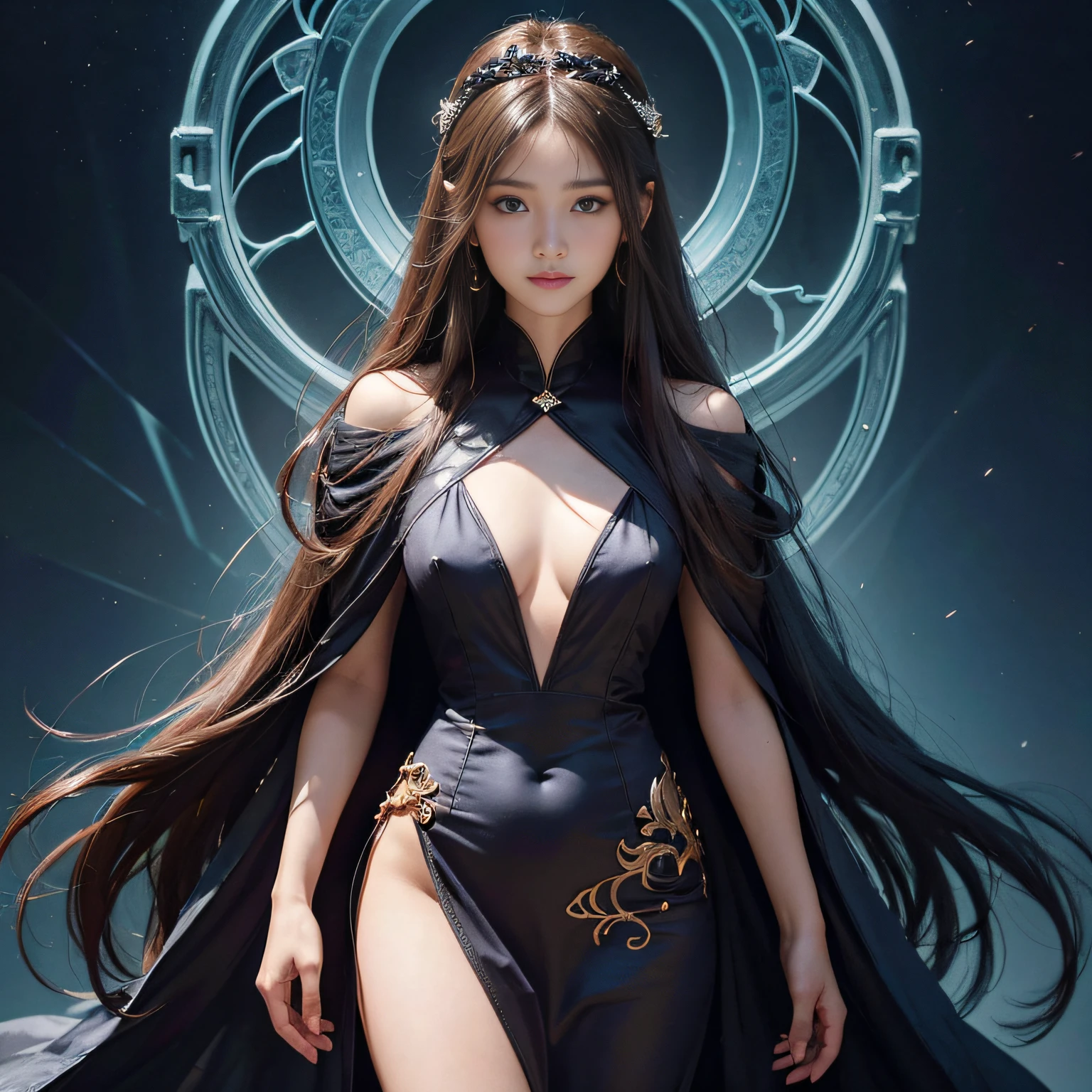 (Front focus),(in the darkness nigth:1.6),Surrealist portraits of women by David Hockney and Alphonse Mucha,Fantasyart,photographrealistic,动态照明,art stations,poster for,Volumetriclighting,Very detailed faces,4 k'',Award-Awarded, 1girll, surreptitiously, deepshadow, low tune, cowboy lens, (official clothes:1.4), long whitr hair, whaite hair, ssmile, Ultra-delicate skin,showing whole body