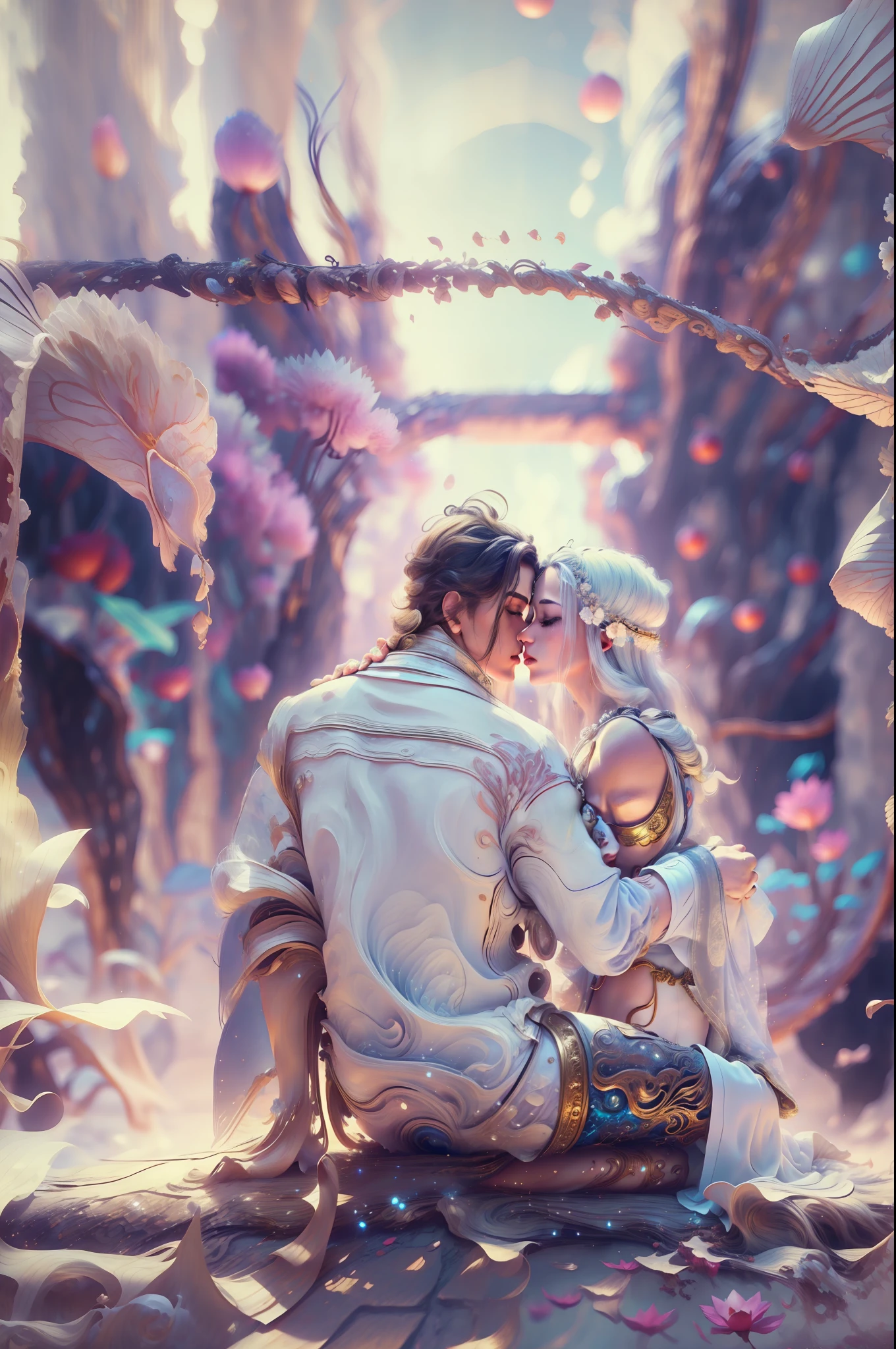 Handsome guy in a white shirt,A man and a woman hug and kiss,Twin,Sit and meditate in a lotus pose,Look at the audience with your eyes closed,raised head,Floating on the ground,cheerfulness,A slight smil,realisticlying,Bokeh,light particules,very highly detailed background,detailed face with,Detailed and complex busy background,Untidy,opulent,milkyW,Highly detailed hands,Realistic details of skin,Visible Pore,tack sharp focus,volume fog,8K UHD,digital SLR camera,high qulity,filmgrain,White skin of the,photo-realism,lomo graphy,Huge metropolis in a dystopia of the future , look from down