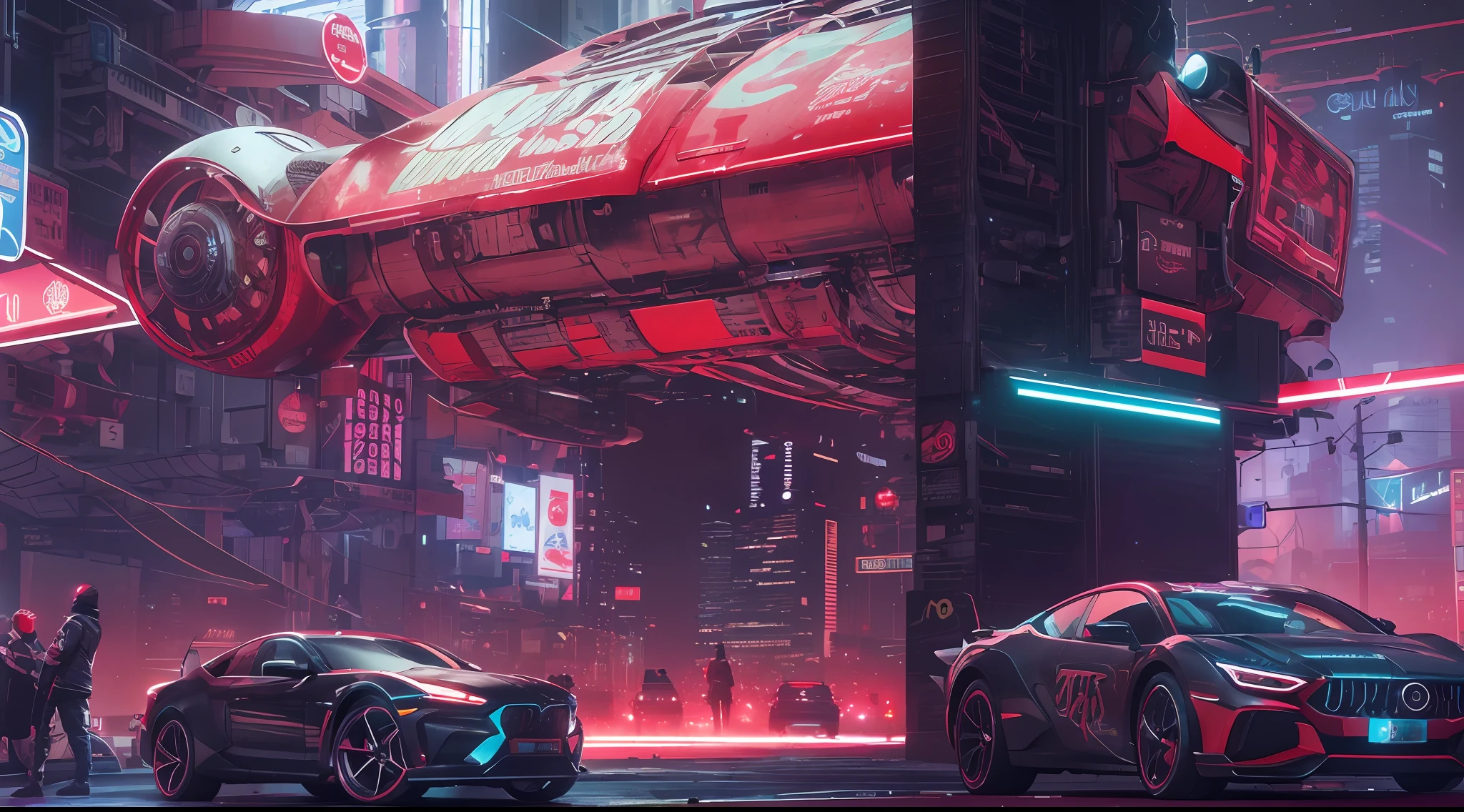 cyberpunk, high-tech city, full of mechanical and futuristic elements, Futurismo, tech, Glowing neon, rojo, Luz roja, falda sexy, Translucent black cape, Laser light, Fondo digital City Sky, Luna Grande, with vehicles, La mejor calidad, Obra maestra, 8k