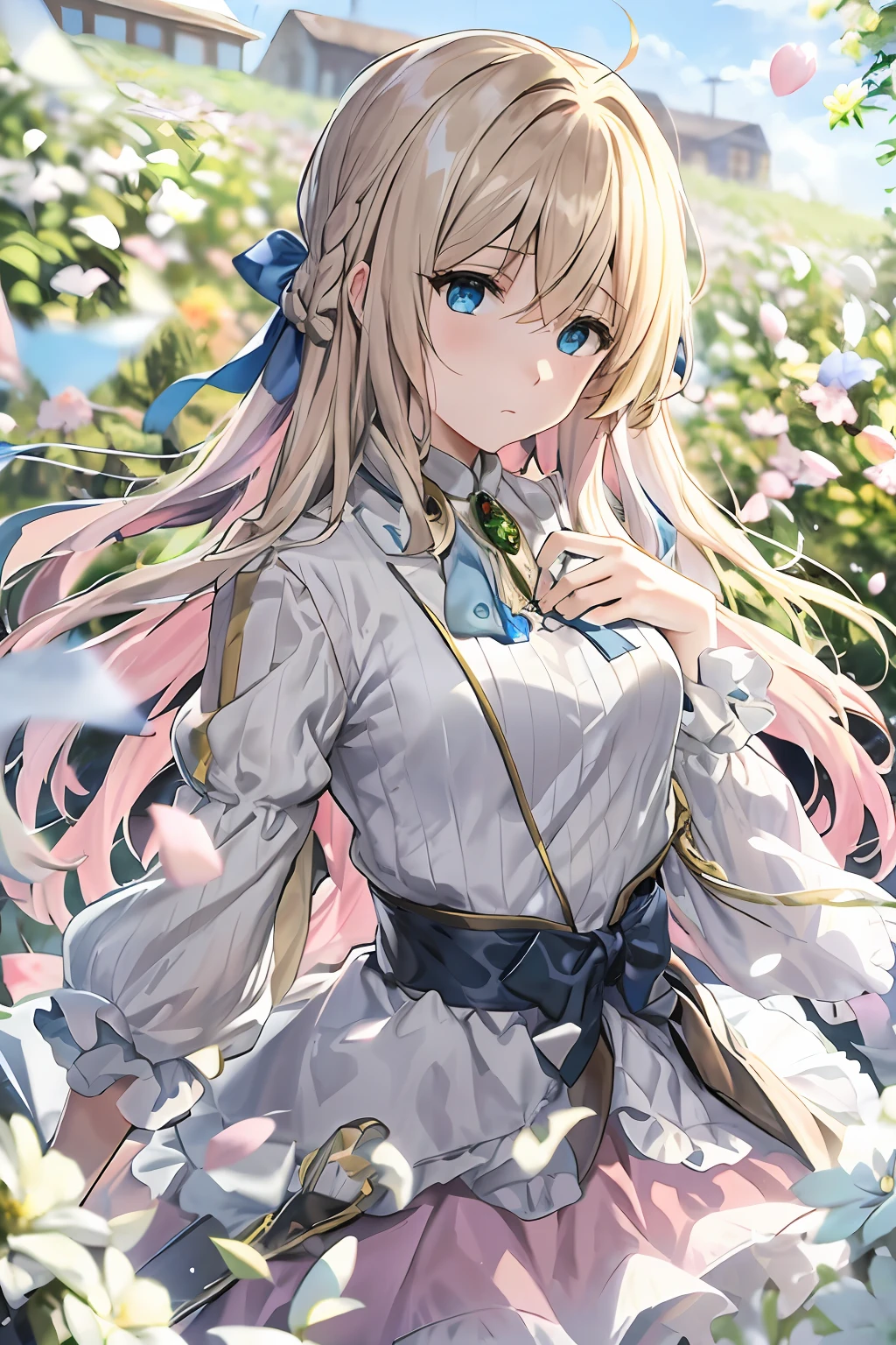 (Dynamic Angle: 1.3), Wind, Movie Highlight, Tyndall Effect, 1 Girl, Upper Body, Arms Up, Look at the Audience, Extreme Close Up, violet_evergarden, Solo, Jewelry, Expressionless, Brooch, blonde_hair, ( Vevry Long Hair: 1.2), messy_hair, Floating hairlong_sleeves, Ribbon, blue_eyes, Jacket, Dress, Gemstone, hair_ ribbon, sky, depth_of_field, flower fields, fluttering petals