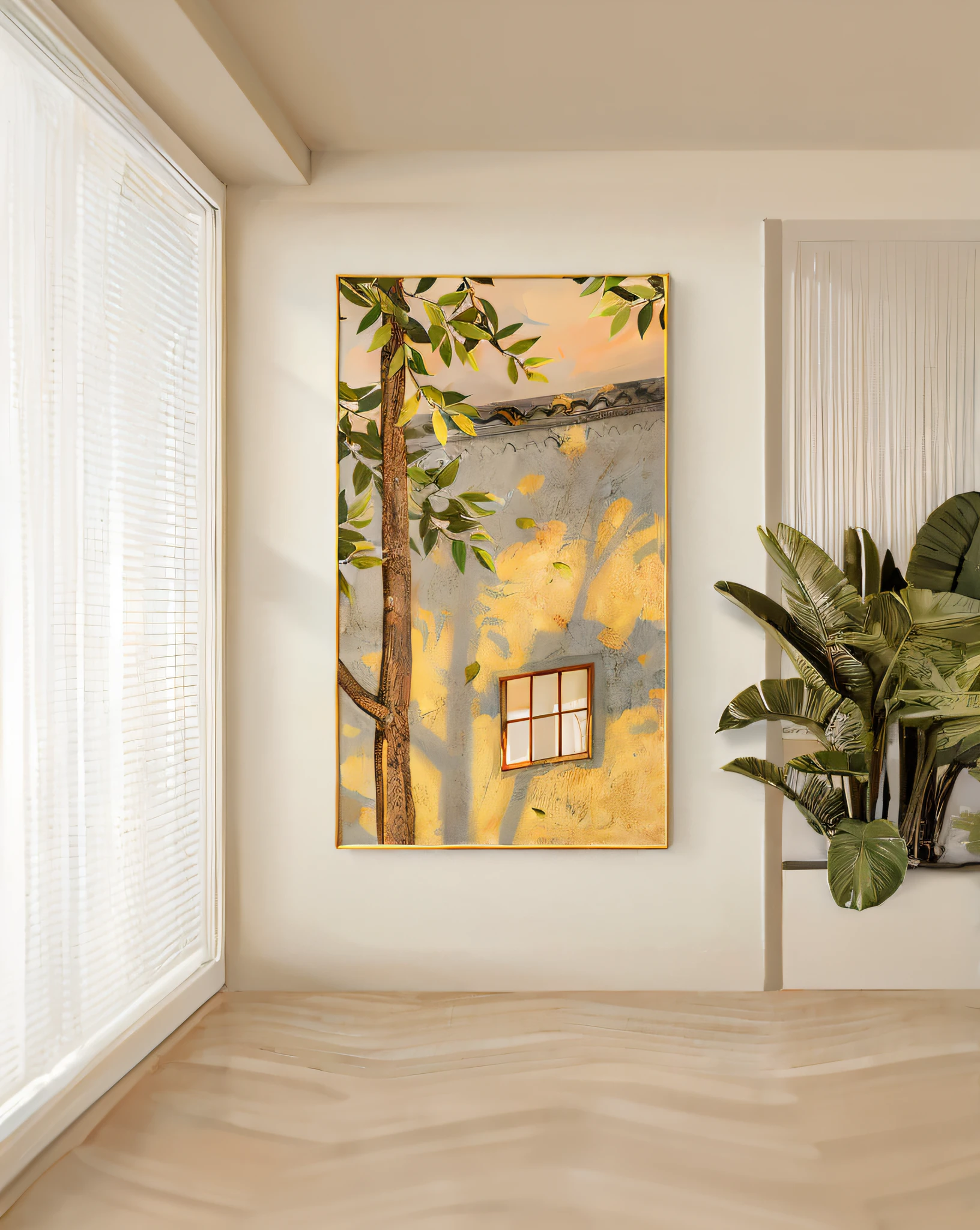There is a painting on the wall in the room,There are plants inside, architectural painting, Painting of the room, hanging scroll on wall, golden hour sunlight, inspired by Anna Boch, afternoon sunlight, Oil painting in canvas style, canvas painting, gold leaf painting, with backdrop of natural light, painting for a wall, sand - colored walls, afternoon lights