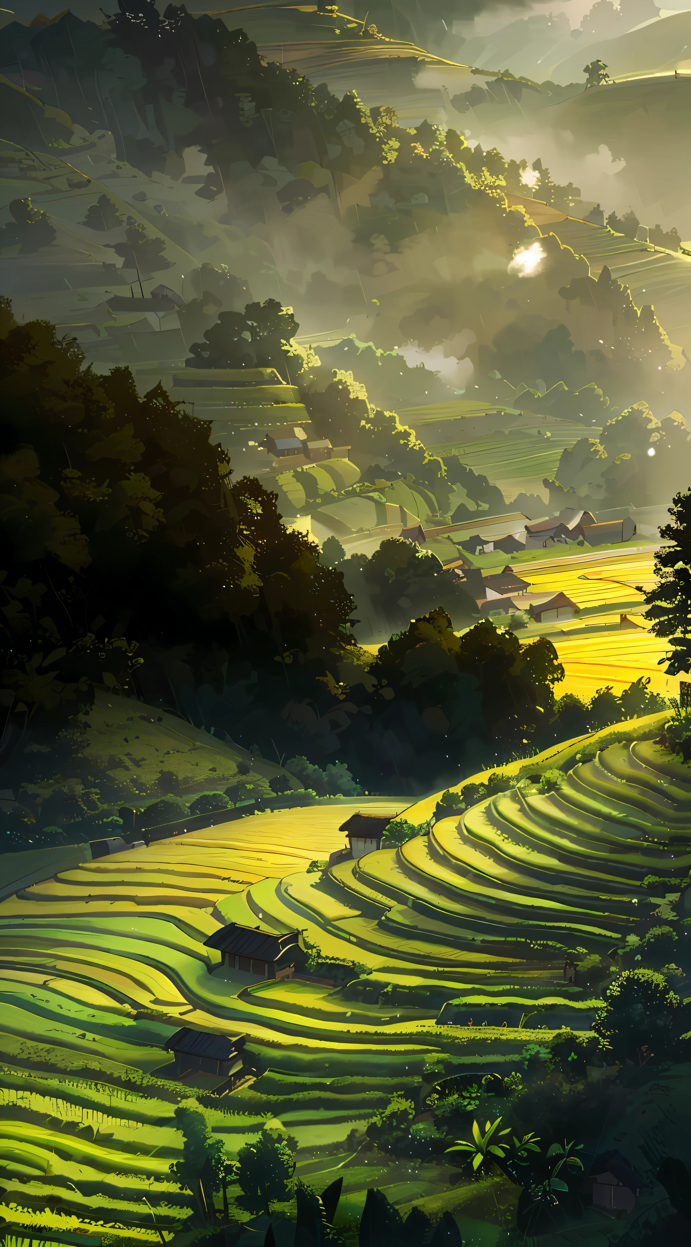Large expanses of terraced fields, mountains, huts, with rice fields, rice fields, neat rice seedlings in the fields, misty rain, villages, agriculture, in the tranquil landscape, misty weather, in the vast tranquil landscape, in the early morning, in the morning mist, behind a small village, mist, Japanese countryside, thatched roofs --v 6