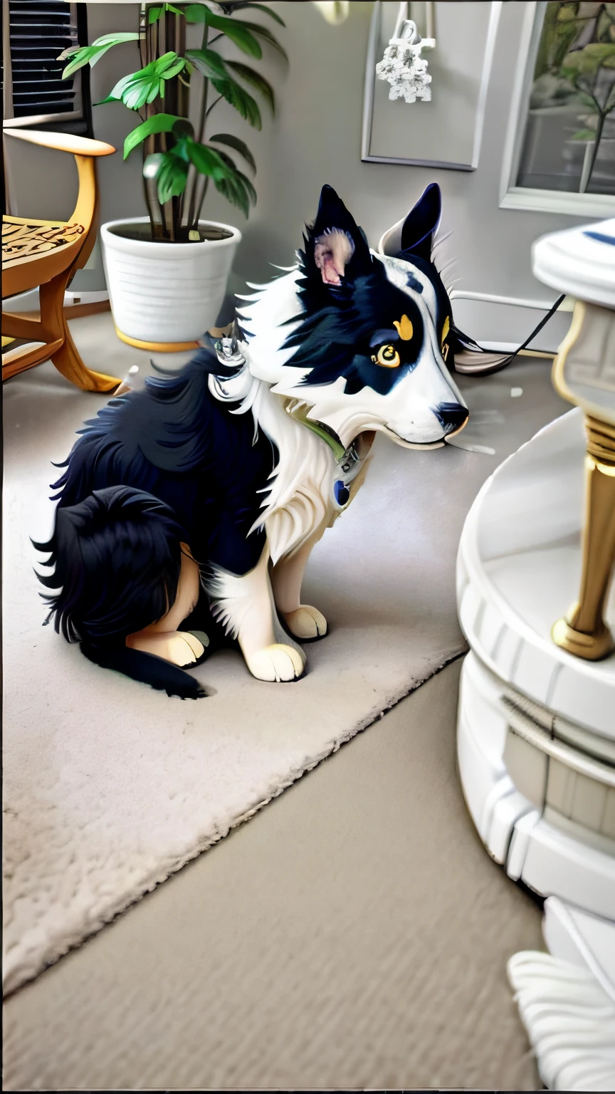 On the carpet in the living room sits a black and white dog, look straight at the camera, showing his paws to viewer, looking distracted and awkward, niko oneshot riding a roomba, Looking confused, She is facing the camera, border collie, looking at the camera in, looks surprised, sittinng on the desk, is looking at the camera