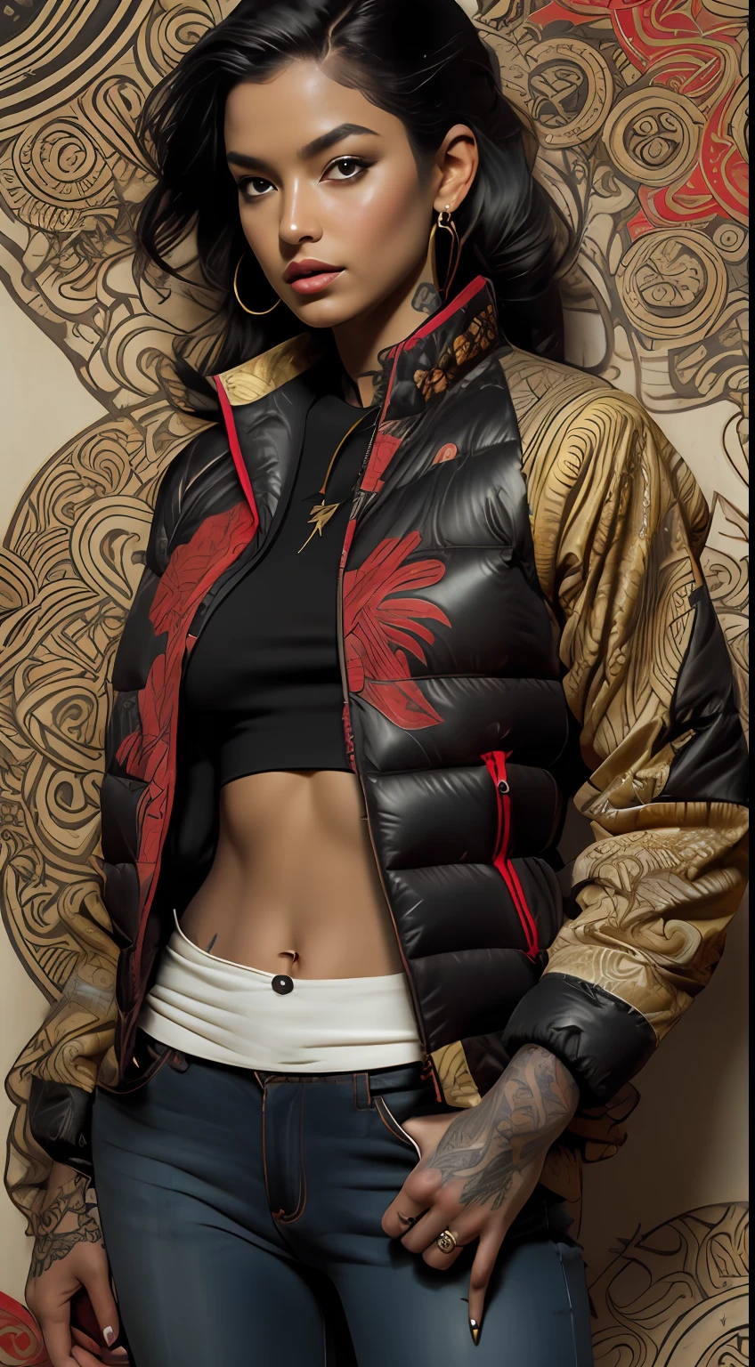 Textures: 1.5, gold: 1.1, white: 1.3, red: 1.3, 1girl, sexy, tattoos, voluptuous, exotics, erotic, (power puffer clothes: 1.2), 3d graffitti, abstract, lines, (batik), background circles, by Adam Hughes, art by Jay Anacleto
