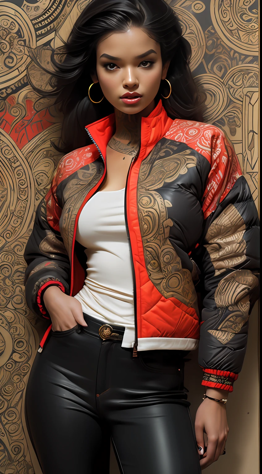 Textures: 1.5, gold: 1.1, white: 1.3, red: 1.3, 1girl, sexy, tattoos, voluptuous, exotics, erotic, (power puffer clothes: 1.2), 3d graffitti, abstract, lines, (batik), background circles, by Adam Hughes, art by Jay Anacleto