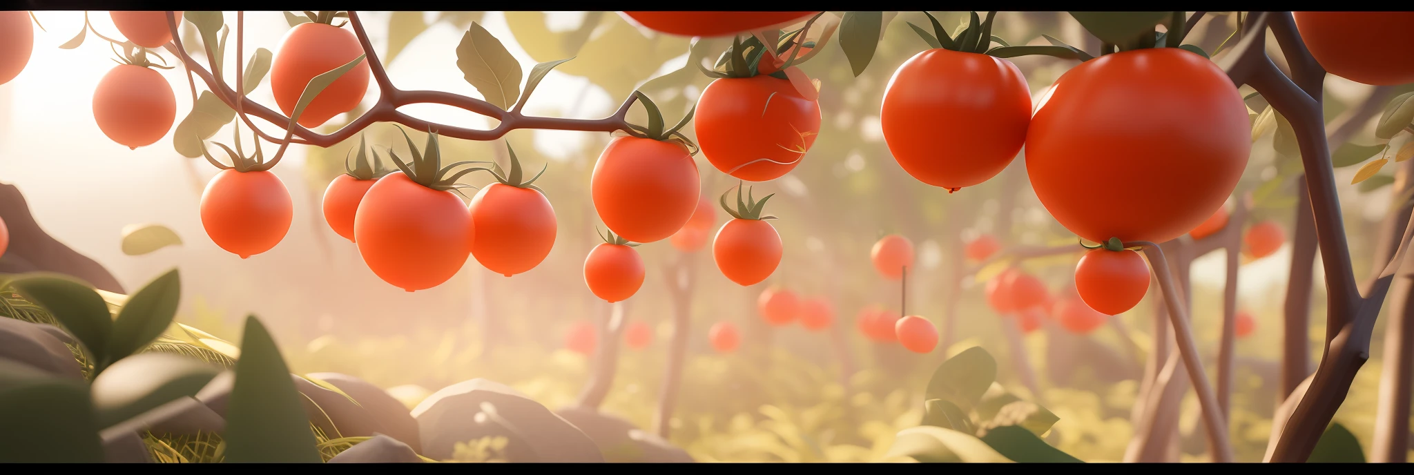 tmasterpiece， best qualtiy， A close-up meadow scene，Microscopic perspective, 8K, centered composition, Magic Forest，There are many ripe tomatoes hanging from the tree, fairy fruit. rendering by octane, Tomatoes hanging from branches, arte renderizada, animation style render, hyperdetailed crisp render, rendered in arnold, beautiful octane render, Global illumination. vfx, photorealistic cinematic render, 3 d render stylized, stylized as a 3d render, rendered in cinema 4 d