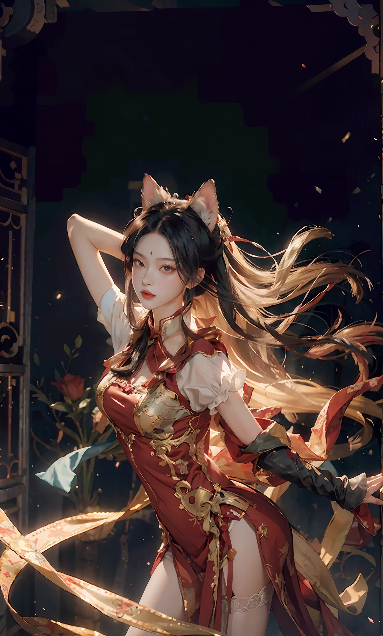 A gorgeous masterpiece，8K分辨率，White beauty，Bright starry sky eyes，Delicate rouge，Delicate gloves，Extremely realistic，Focus on the lower body，high definition detail，Elegant long hair，Shining red lips，Slender and slender figure，The chest is covered，Elegant and moving，Panoramic interior background，Messy and attractive hair，black pantyhoses，The face is clean and bright，Dynamic angles，Romantic atmosphere，Super detailed depiction，wearing silk stockings，With cat ears and cat tail。