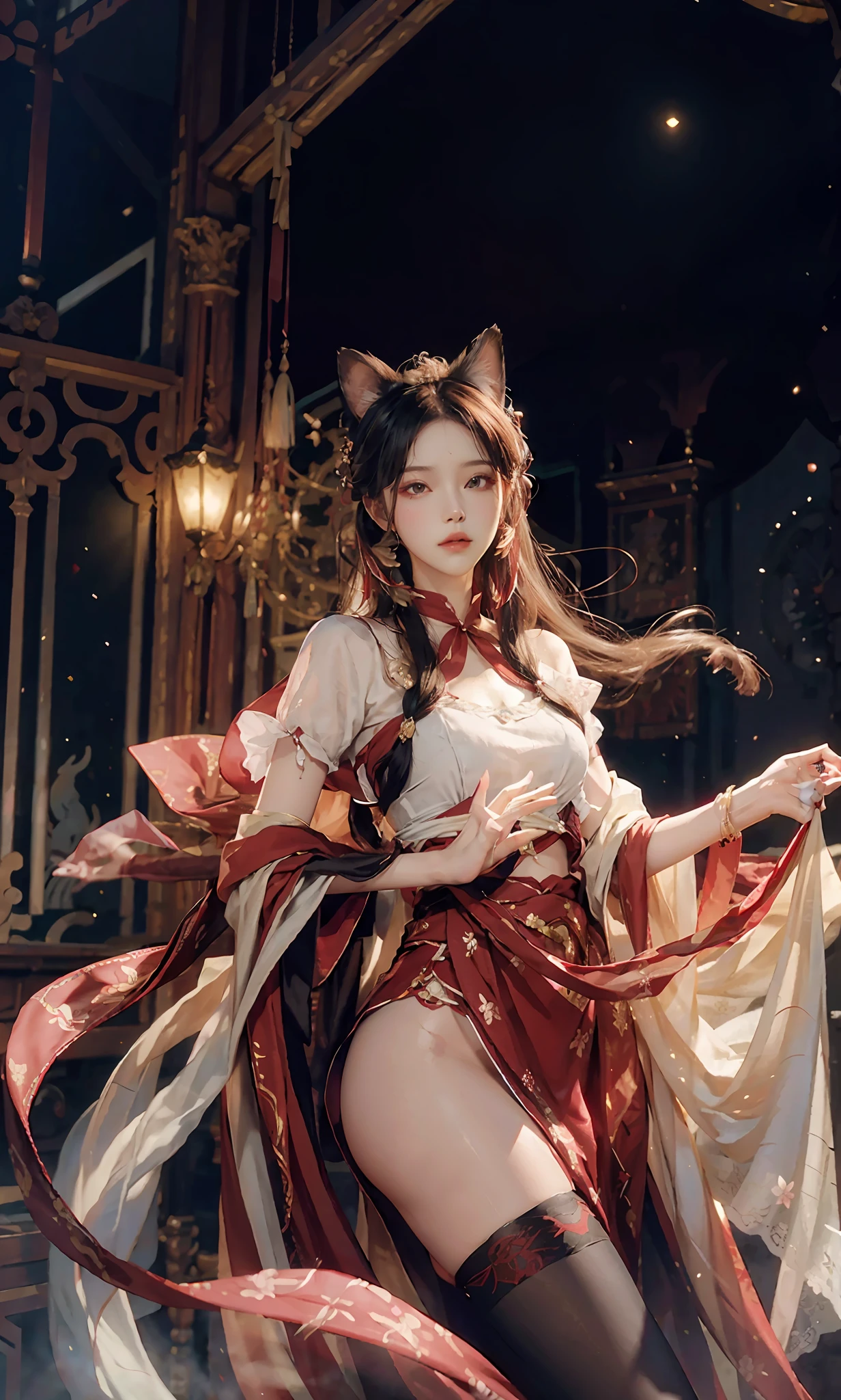 A gorgeous masterpiece,8K分辨率,White beauty,Bright starry sky eyes,Delicate rouge,Delicate gloves,Extremely realistic,Focus on the lower body,high definition detail,Elegant long hair,Shining red lips,Slender and slender figure,The chest is covered,Elegant and moving,Panoramic interior background,Messy and attractive hair,black pantyhoses,The face is clean and bright,Dynamic angles,Romantic atmosphere,Super detailed depiction,wearing silk stockings,With cat ears and cat tail。