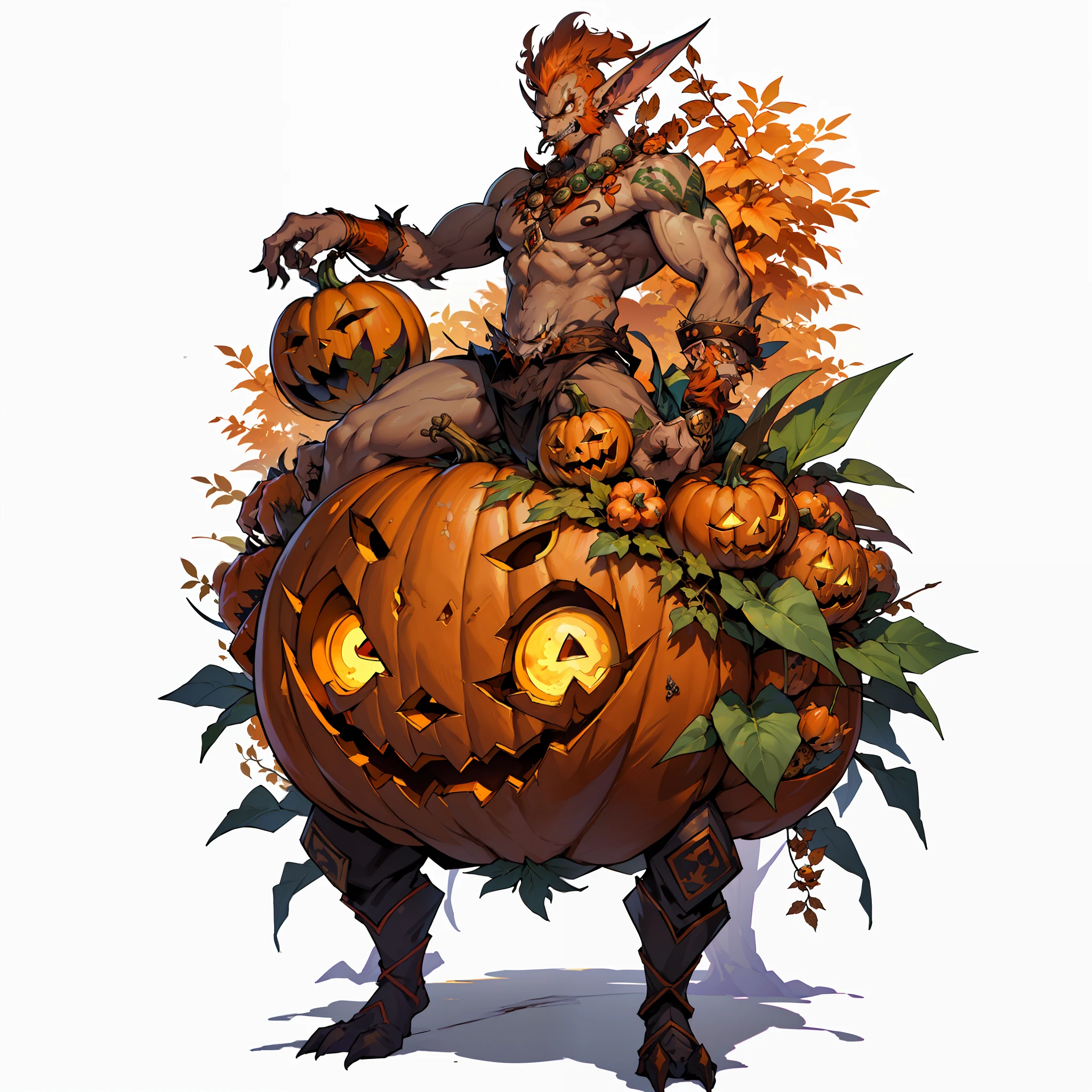 ((top-quality))、((tmasterpiece))、((Full body photo of a man))、((very simple background))、(Game character design)、Pumpkin anthropomorphic monster、monster design，soloist，(Leaf and pumpkin elements blend with body design，Pumpkin garnish）、Cartoony、Beastman、Ornaments with pumpkin motifs，独奏、Fighting posture