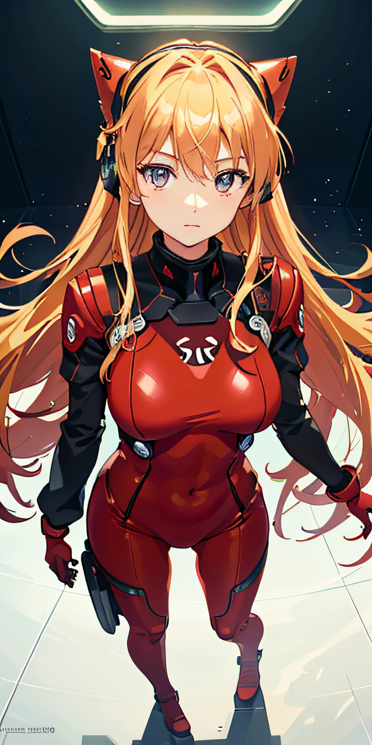 (Overhead view),dynamic angle,ultra-detailed, illustration, close-up, straight on, 1girl, 
 ((souryuu asuka langley, interface headset, red bodysuit:1.4, blonde)),Her eyes shone like dreamy stars,(glowing eyes:1.233),(beautiful and detailed eyes:1.1),(expressionless,closed mouth),(standing), 
(mechanic room with toolsand spaceship windowin a white SPACESHIP),
(night:1.2),dreamy, [[delicate fingers and hands:0.55]::0.85],(detail fingers),