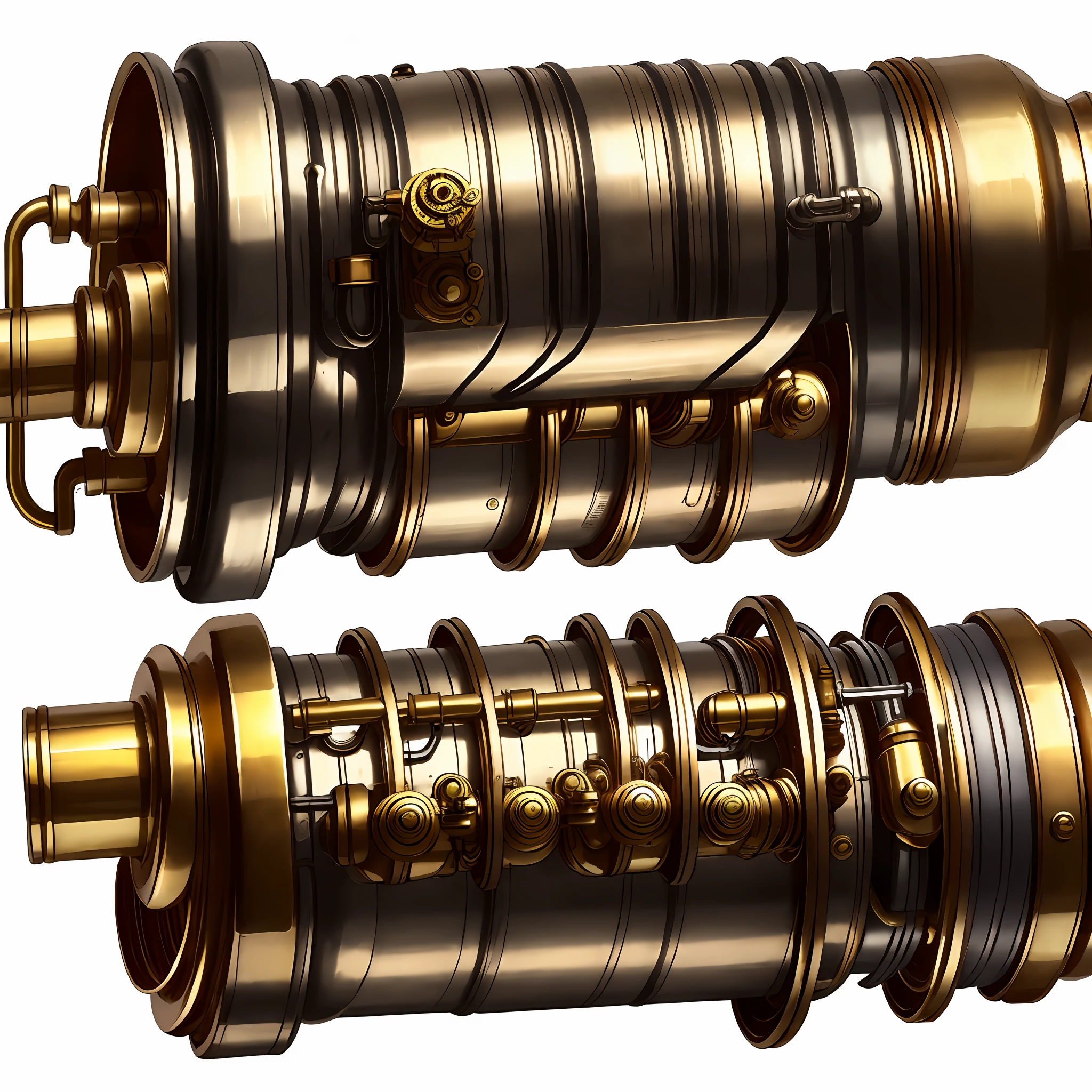 steampunc、school bus、from side view、brass、steel、Great photos of pipes、White background