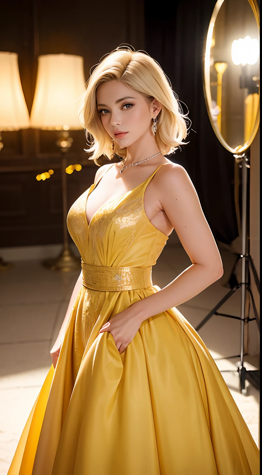 European and American women, A fashion model, Wear a yellow evening gown, Glamour, paparazzi taking pictures of her, Blonde hair, Brown eyes, 8K, High quality, Masterpiece, Best quality, HD, Extremely detailed, voluminetric lighting, Photorealistic