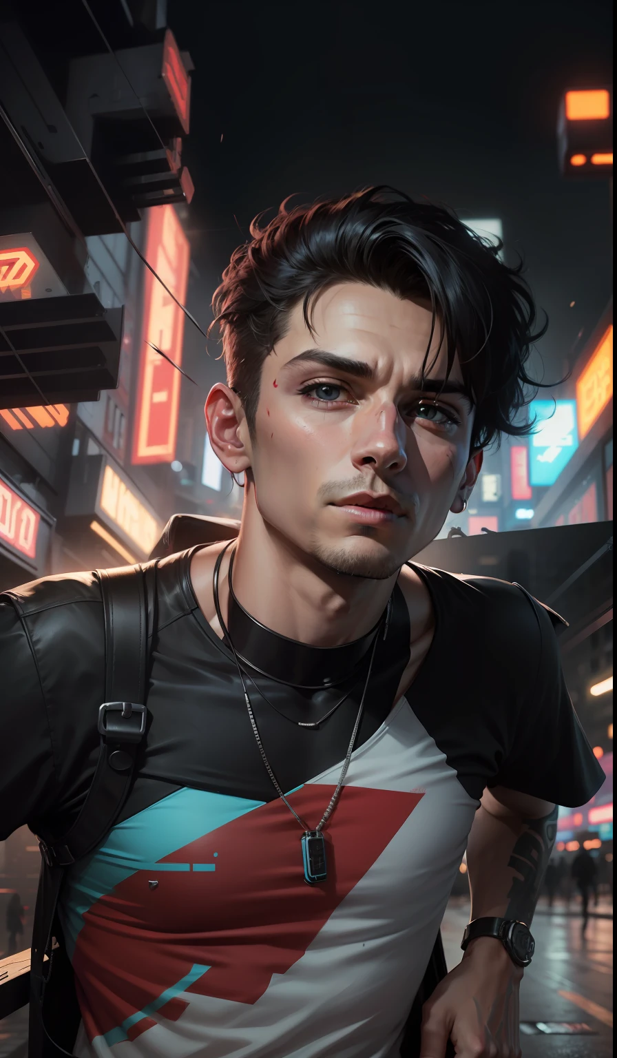 Change background cyberpunk handsome boy. Real stick face 8k ultra real stick
