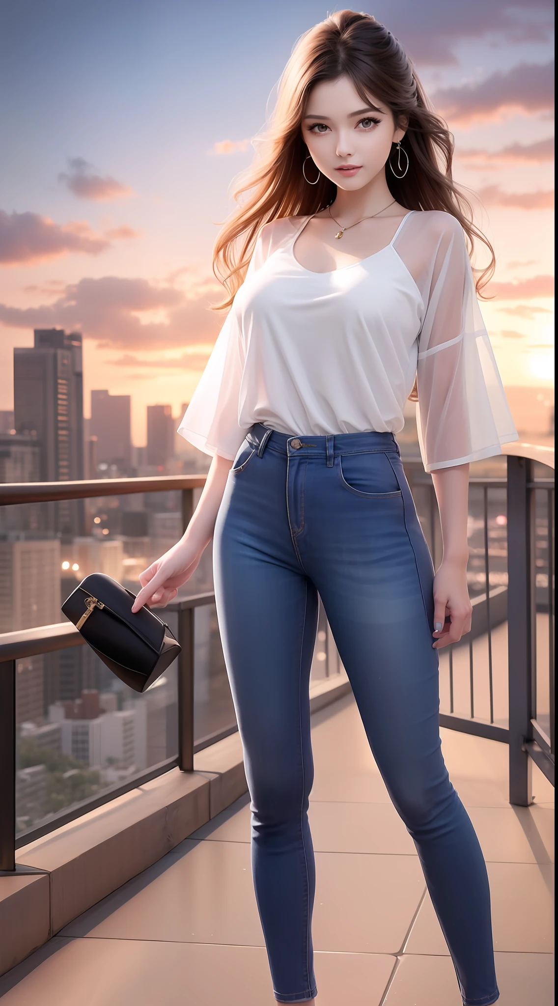 4k ultra hd, masterpiece, very high quality, a girl, age 20 years old girl, good face, smooth face, detailed eyes, beautiful hair, very long hair, hair band, cute look, modern clothes, pink shirt, jeans, good shoes, morning background, buildings, sun lights, clear weather, stylish looking,