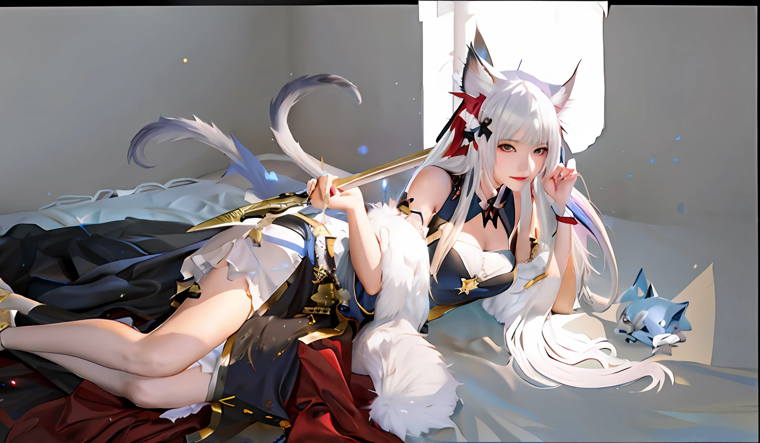 Anime girl lying on bed，Wearing a sword and cat costume, From Arknights, Guweiz in Pixiv ArtStation, from girls frontline, Guweiz on ArtStation Pixiv, White Cat Girl, trending on artstation pixiv, author：Shitao, White-haired fox, Onmyoji detailed art, pixiv 3dcg