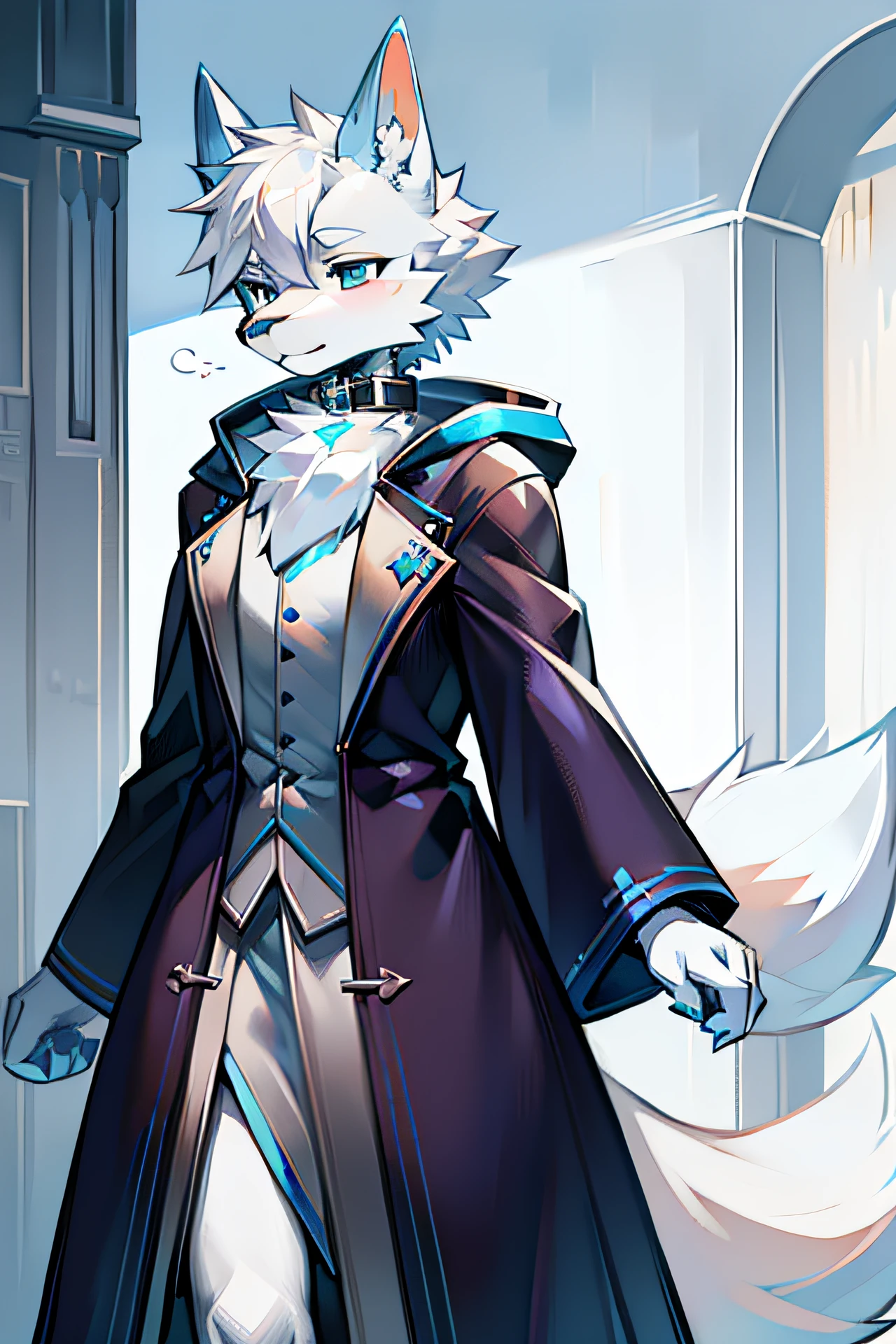 Breed:Wolf fox coat color:Silver white features:Collars Eyes:Blue The tail is slightly blue