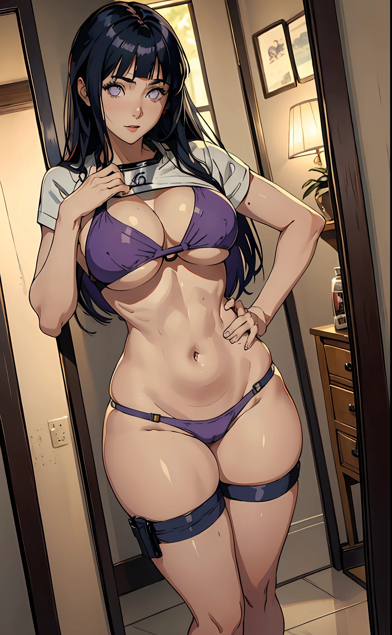Realista, 8k, 1girl, Hinata Hyuga in a purple bikini posing in front of a mirror, Meio rosa, with beautiful exotic, Garota sexy, corpo sexy, corpo quente sexy, 18 anos, Corpo Perfeito, cintura magra e quadris grossos, body curvy, thicc, curvy model, Corpo bonito, olhar sexy, 21 anos