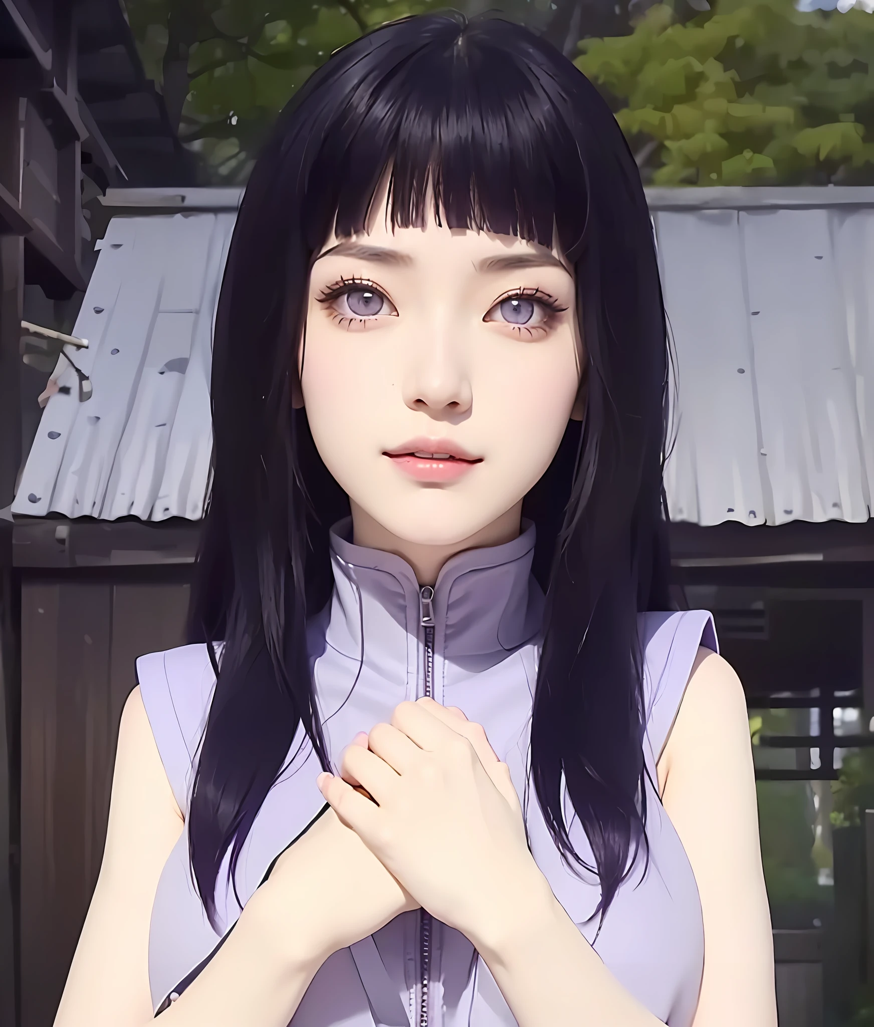 1girl, (8k, RAW photo, best quality, masterpiece:1.2), (ultra highres:1.0),detailed illustration, (real person,fashion photography portrait,photograph), detailed, detailed beautiful skin, (realistic, photo-realistic:1.37), hyuga hinataNS, solo, professional lighting, purple dress), village, east asian architecture, trees, village hidden in the leaves background,looking_at_viewer, smile,purple hair,white eyes,mitain,toeless footwear,kunai,facial mark,konohagakure symbol,fighting_stance,fence,ninja,adjusting gloves,sleeveless,cleavage, big breats, indoor background