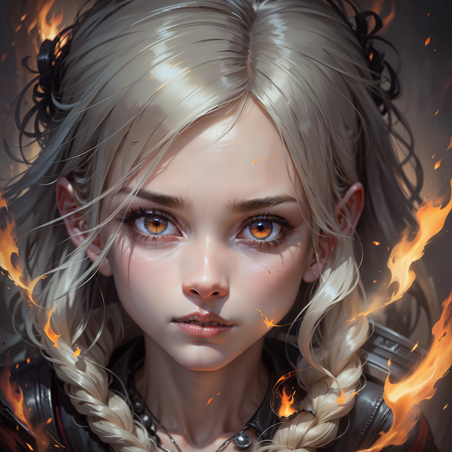 Drawing, realistic fantasy, detail, high detail, dynamism, Portrait of a 10-year-old guy, light gray hair, yellow eyes, (beautiful: 1.3) pensive facial expression, thin body causing magical energy, fiery whirlwind, fiery particles, dissolve into thin air, linear movement, shot cinematically in Canon 5D ultra-realistic skin, Fabian Perez Henry Asensio, Jeremy Mann Mark Simonetti fantasy magical horror atmosphere, (highly detailed environment:1.3),  (((breathing fire, flame)))