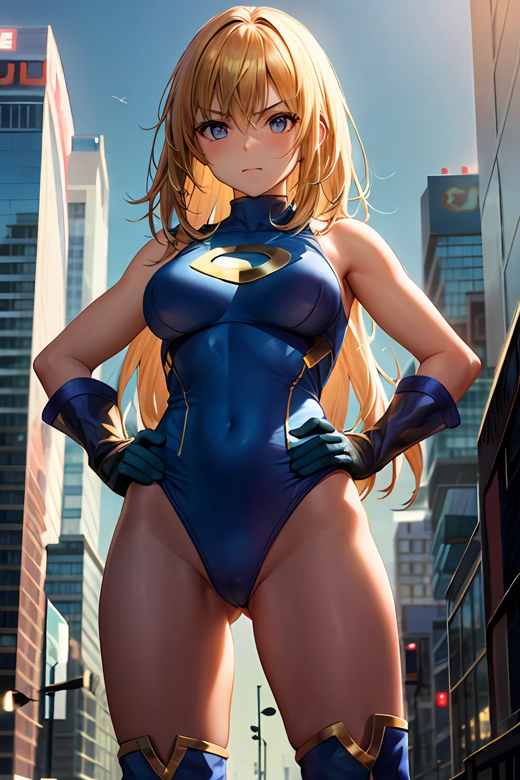 1girl, superhero, heroic, leotard, bare legs, knee boots, gloves, city backdrop, standing, hands on hip