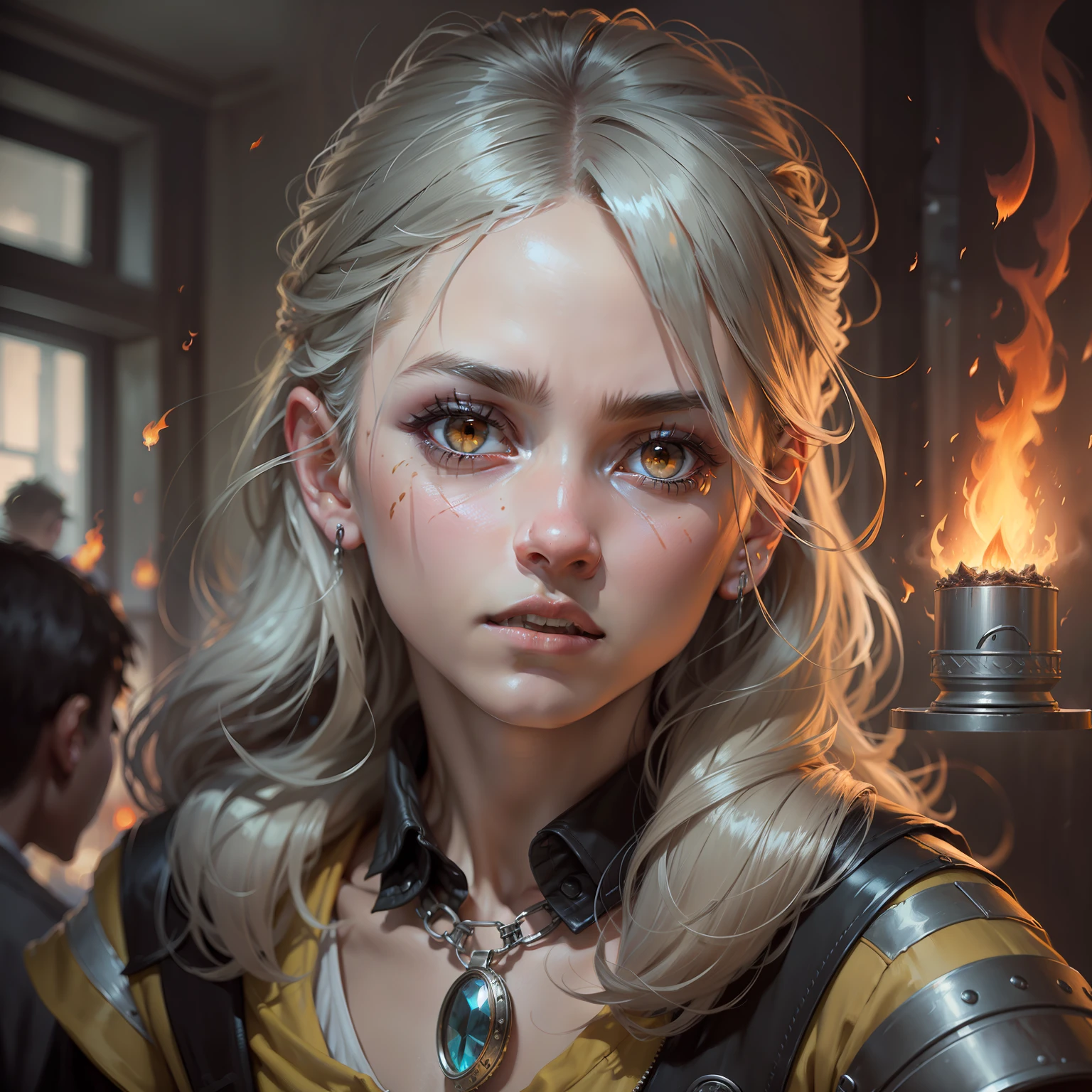 Drawing, realistic fantasy, detail, high detail, dynamism, Portrait of a 10-year-old guy, light gray hair, yellow eyes, (beautiful: 1.3) pensive facial expression, thin body causing magical energy, fiery whirlwind, fiery particles, dissolve into thin air, linear movement, shot cinematically in Canon 5D ultra-realistic skin, Fabian Perez Henry Asensio, Jeremy Mann Mark Simonetti fantasy magical horror atmosphere, (highly detailed environment:1.3),  (((breathing fire, flame)))