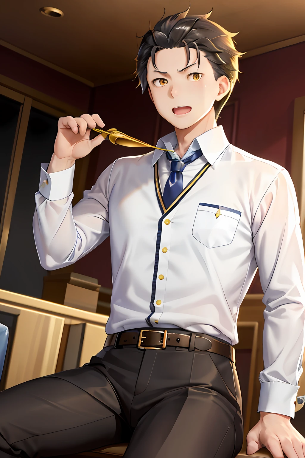 （1 Adult male），A high resolution、sharp-focus、Pixiv masterpiece，（（complexdetails）），Extremely detailed，natsuki_subaru，Men sit straddled，open open mouth，Golden eyes（Glowing eyes），with short golden hair，in a white shirt，Wear a tie and belt，perspire，The viewing angle is from below。