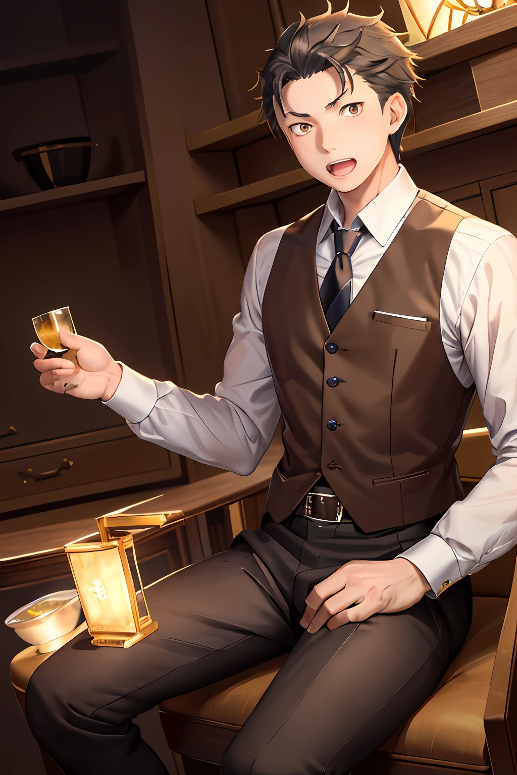 (1 Adult male),A high resolution、sharp-focus、Pixiv masterpiece,((complexdetails)),Extremely detailed,natsuki_subaru,Men sit straddled,open open mouth,Golden eyes(Glowing eyes),with short golden hair,in a white shirt,Wear a tie and belt,perspire,The viewing angle is from below。