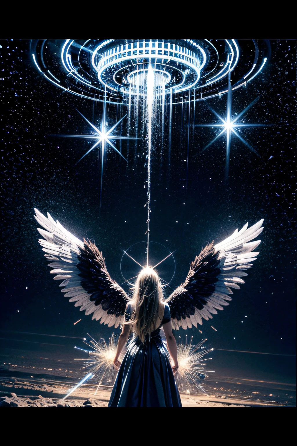 （tmasterpiece）， （best qualtiy：1.4）， absurderes， [：intricately details：0.2]， angelicales，massive wings， the angel's wings， galactic， Skysky， A flashing halo， Strong focus， Crackling energy， Mysterious symbol， sparkling motes，
