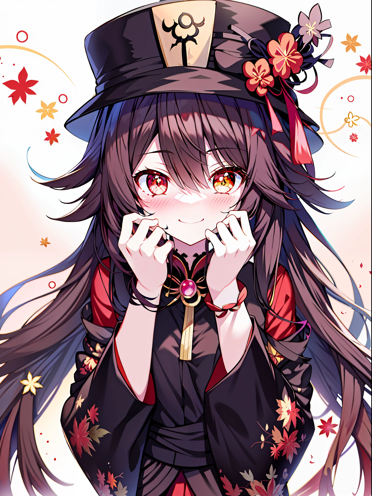 Long hair anime girl wearing top hat，Hold your face in your hands, anime moe art style, flirty anime witch casting magic, Aromatic, zerochan art, [[[[grinning evily]]]], anime visual of a cute girl, portrait gapmoe yandere grimdark, cute anime face, 🍁 Cute, ****