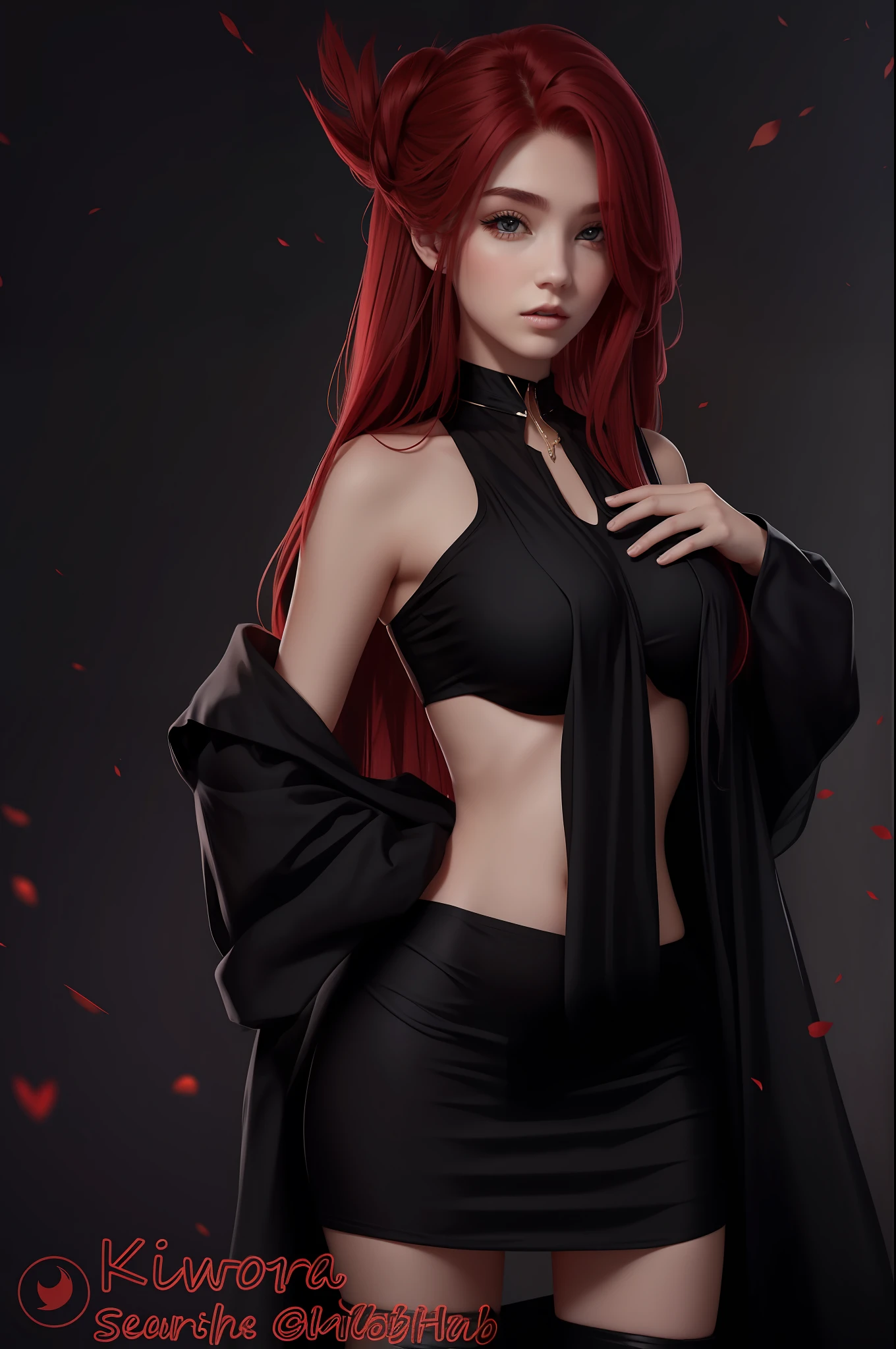 A beautiful girl, dark Black crop top dress, long red hair