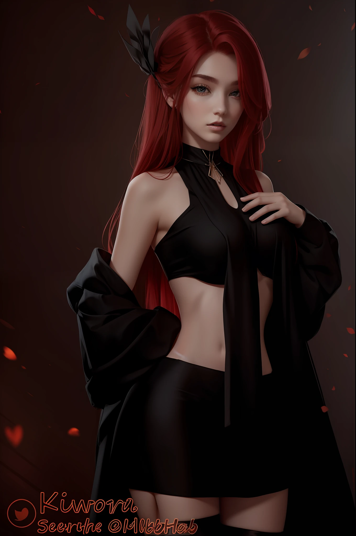 A beautiful girl, dark Black crop top dress, long red hair