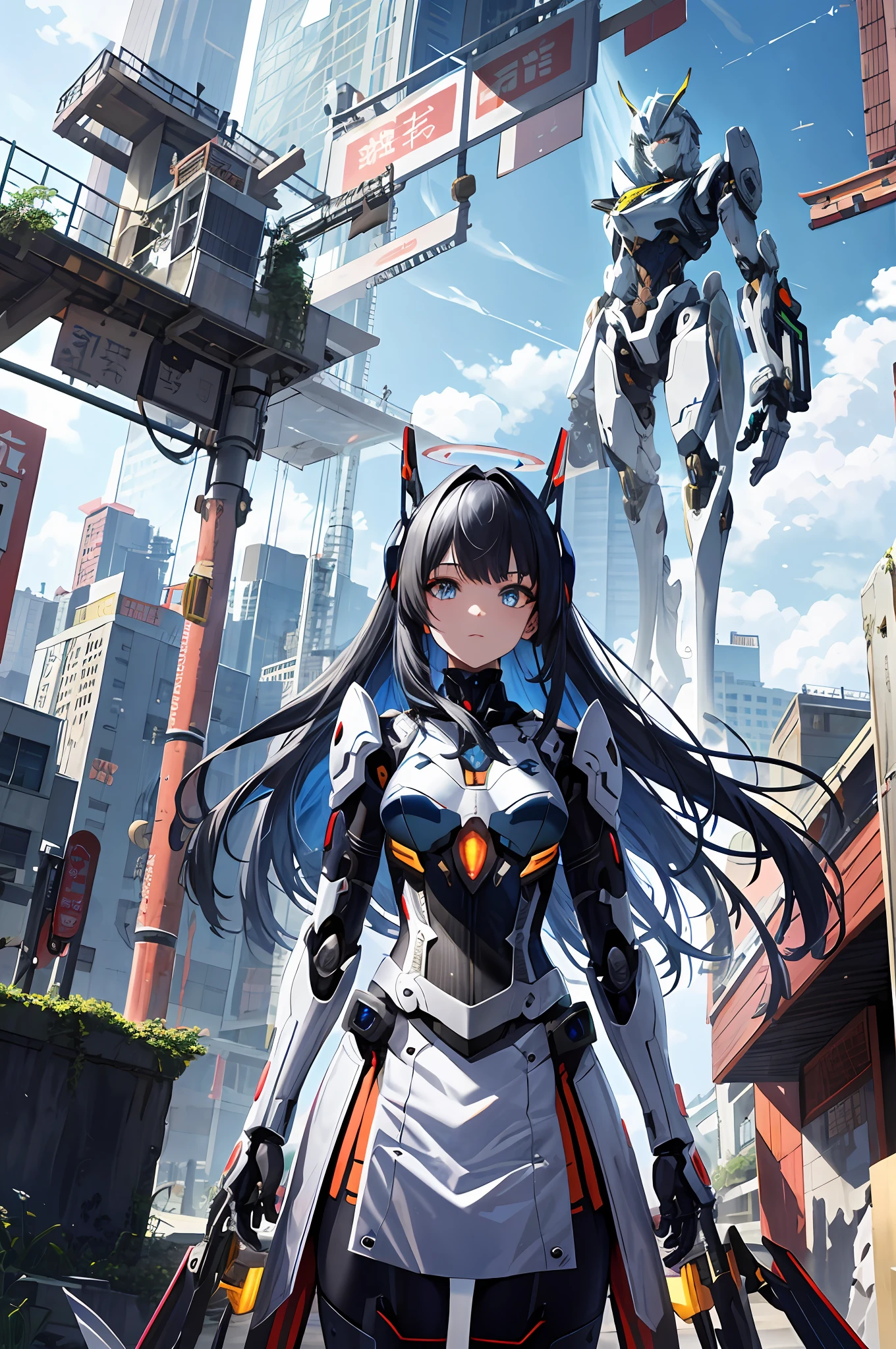 tmasterpiece，best qualtiy，ultra - detailed，very detailed illustration，The is very detailed，Complicated details，A high resolution，super complex detail，Very detailed 8k CG wallpaper，cowboy lens，Caustics，Reflectors，Ray traching，Demon Theme，Starcloud，darkness aura，cyber effect,(1girll:1.4),Solo,Alone,Mecha musume,mechanicalparts,robotjoints,single mechanical arm,Headgear,Mechanical Aura,Star halo,electric mechanical bodysuit,mecha corset,komono,Full armor,Very long hair,White hair , Hair between both eyes, Colorful hair, Colored inner hair, blue colored eyes, glowing light eyes, Eye trajectories, Random expressions, Random actions, Ancient Japanese architecture, ponds, starrysky, skylines,