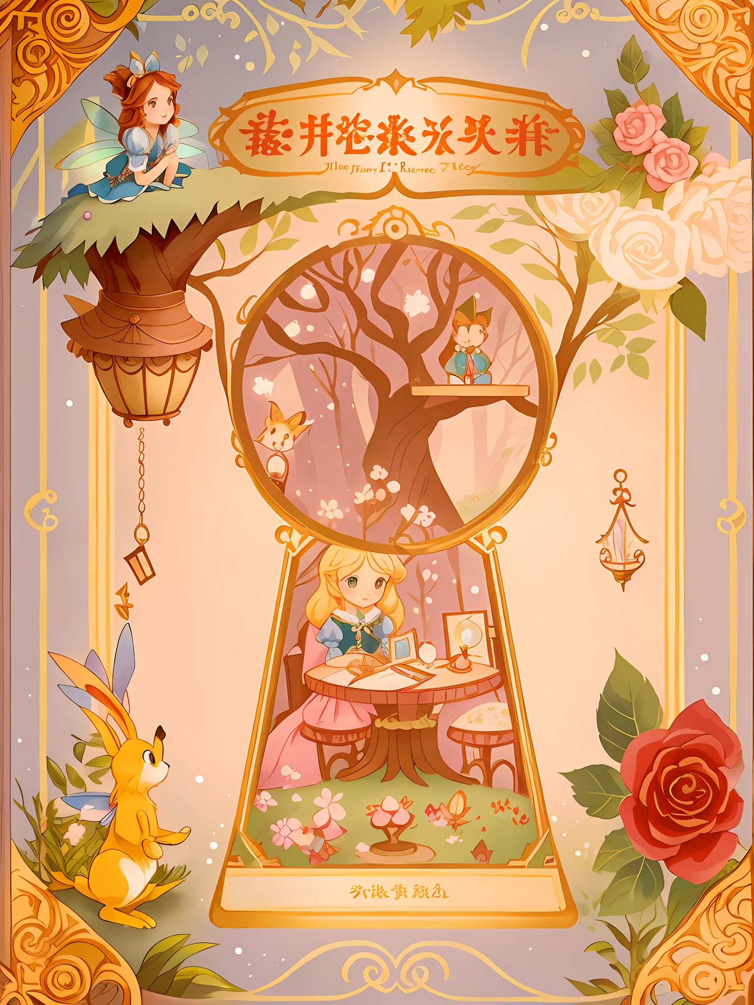 Fairy tale book cover、alice in the wonderland、style of disney animation、Tree holes、Alice falls into a tree hole、ln the forest、table light、mirrors、playingcards、bookshelves、key、The gateway to dreams、